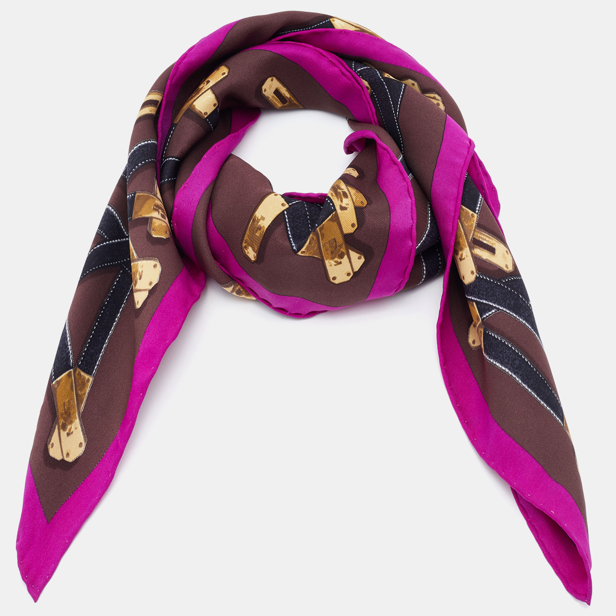 

Hermes Brown Tres Kelly Printed Silk Square Scarf