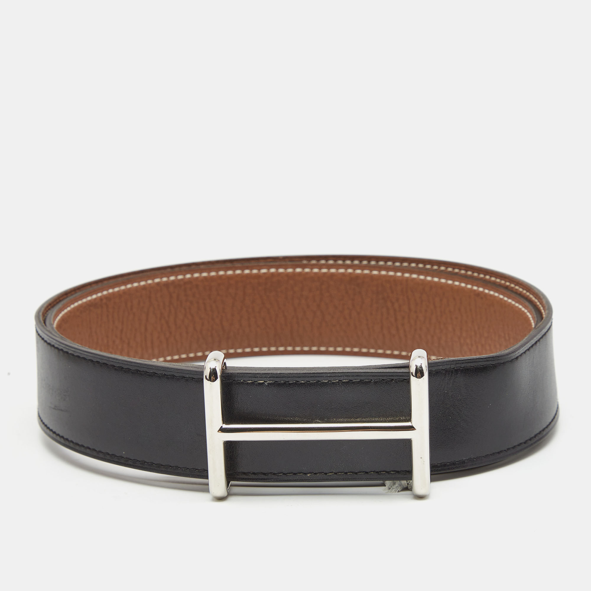 

Hermes Black/Gold Togo and Box Leather H D'ancre Reversible Belt, Brown