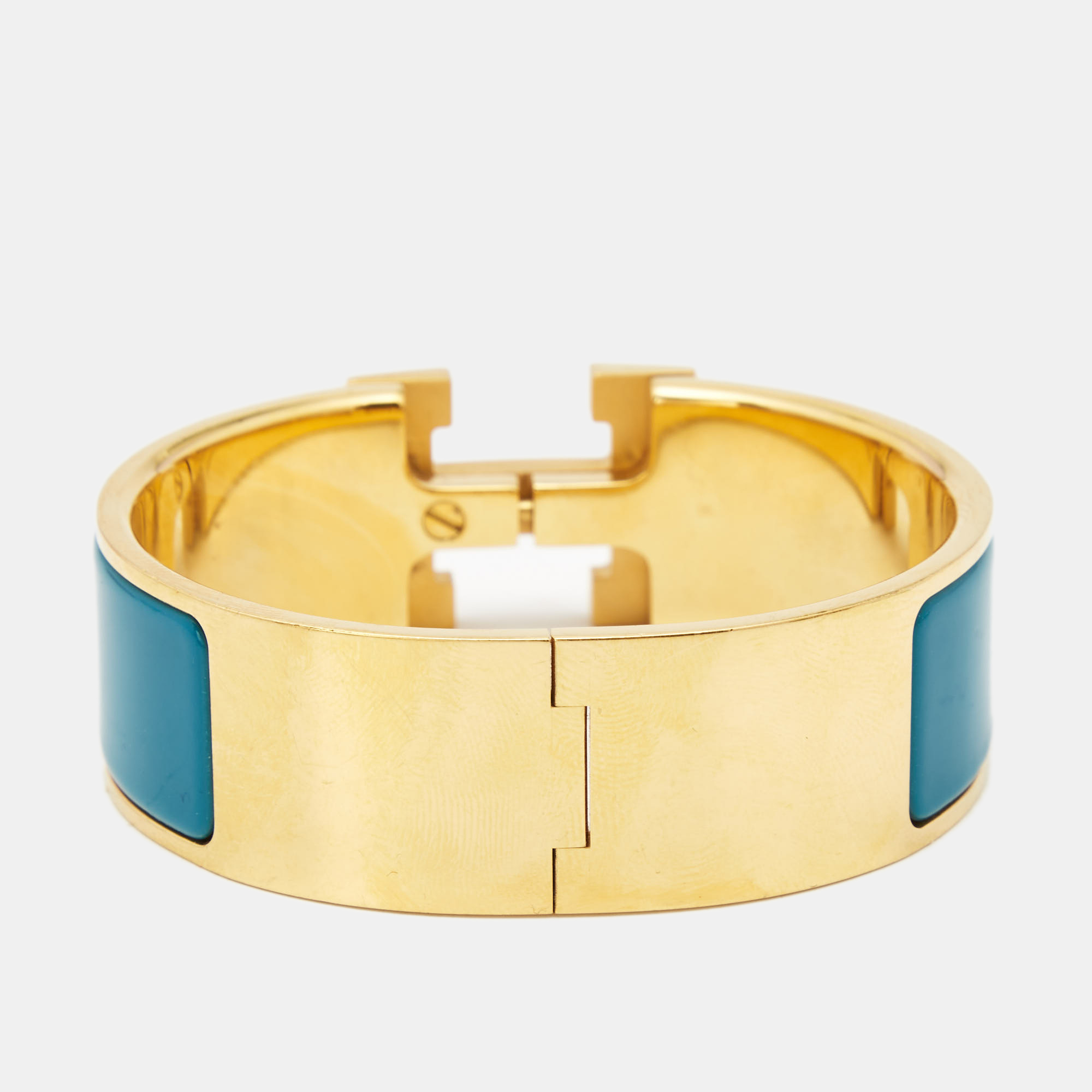 

Hermes Clic Clac H Blue Enamel Gold Plated Wide Bracelet