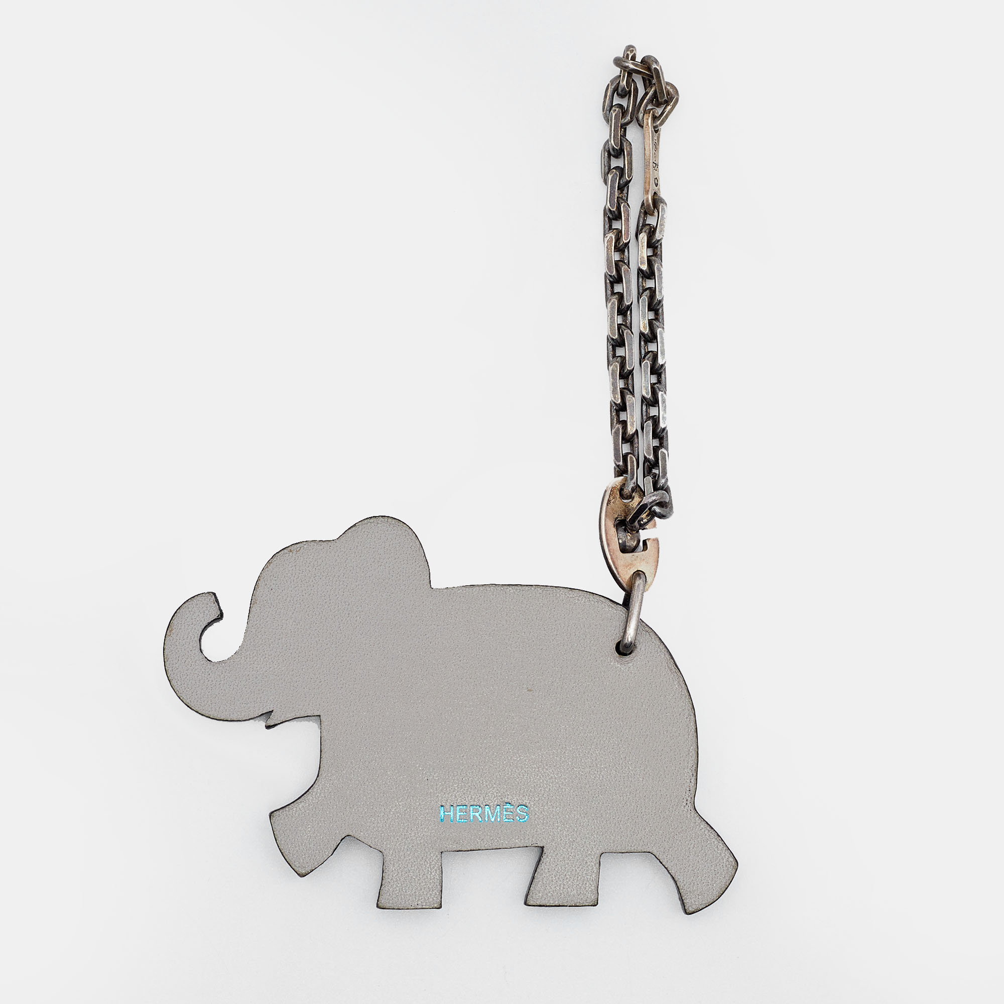 

Hermes Blue & Silver Patterned Leather Silver Chain Bag Charm