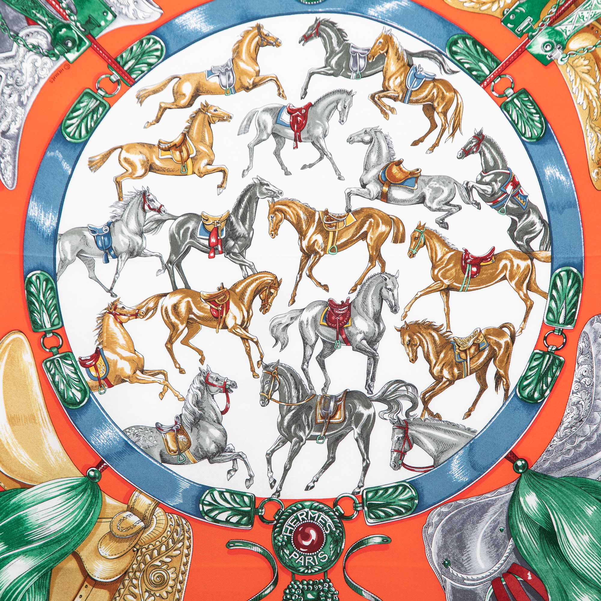 

Hermes Caramel/Rouge Cavalcades Silk Scarf, Orange