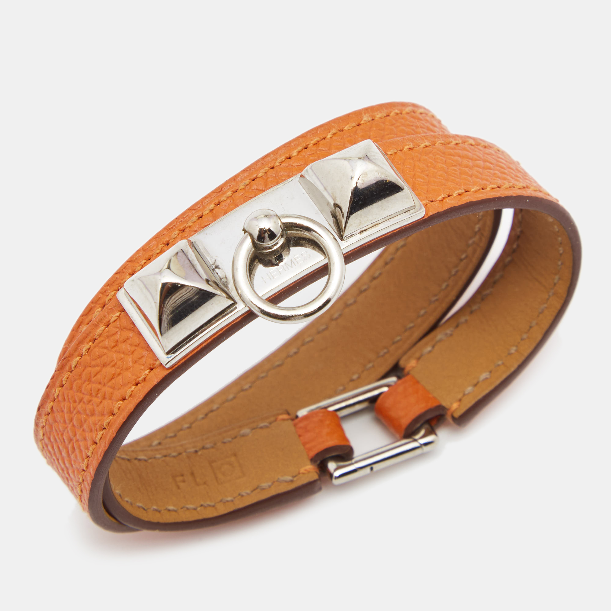 

Hermès Orange Leather Palladium Plated Rivale Double Tour Bracelet