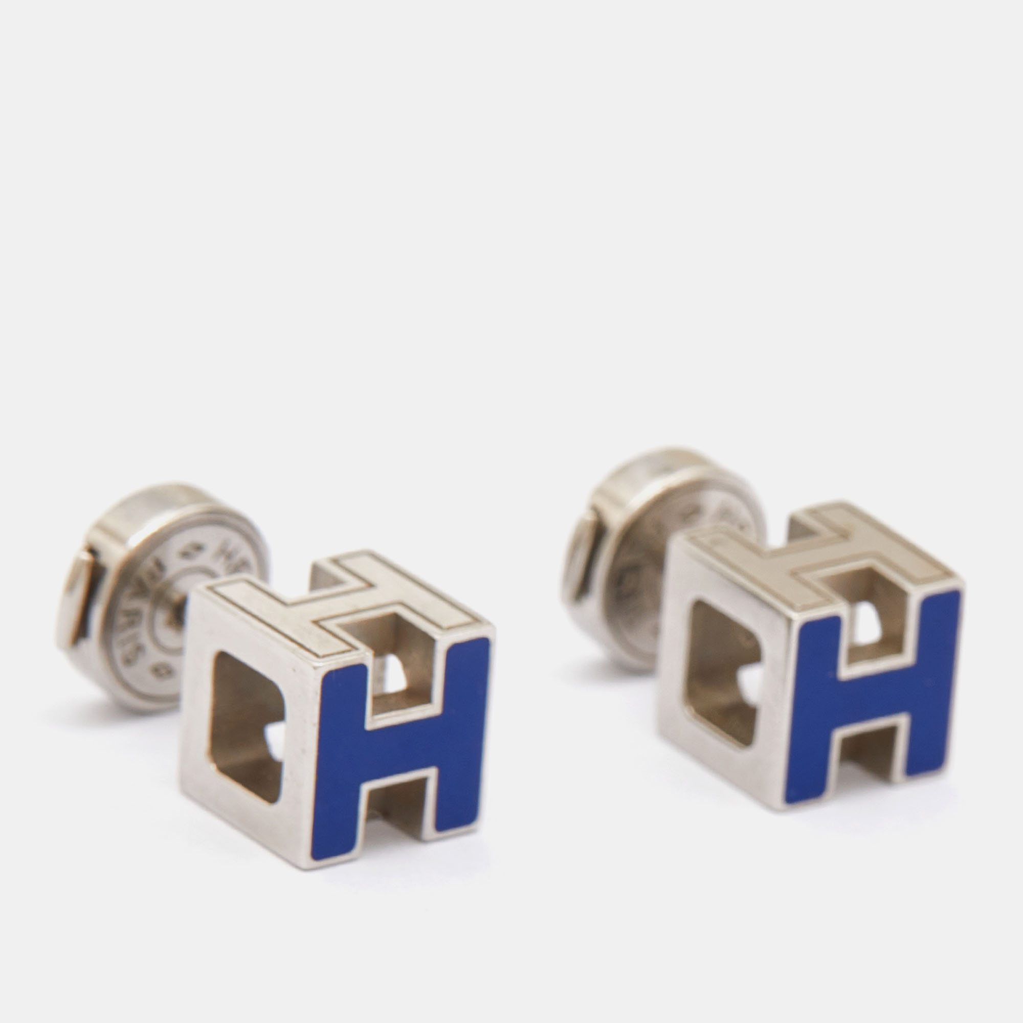 

Hermes Cage d'H Blue Enamel Palladium Plated Earrings