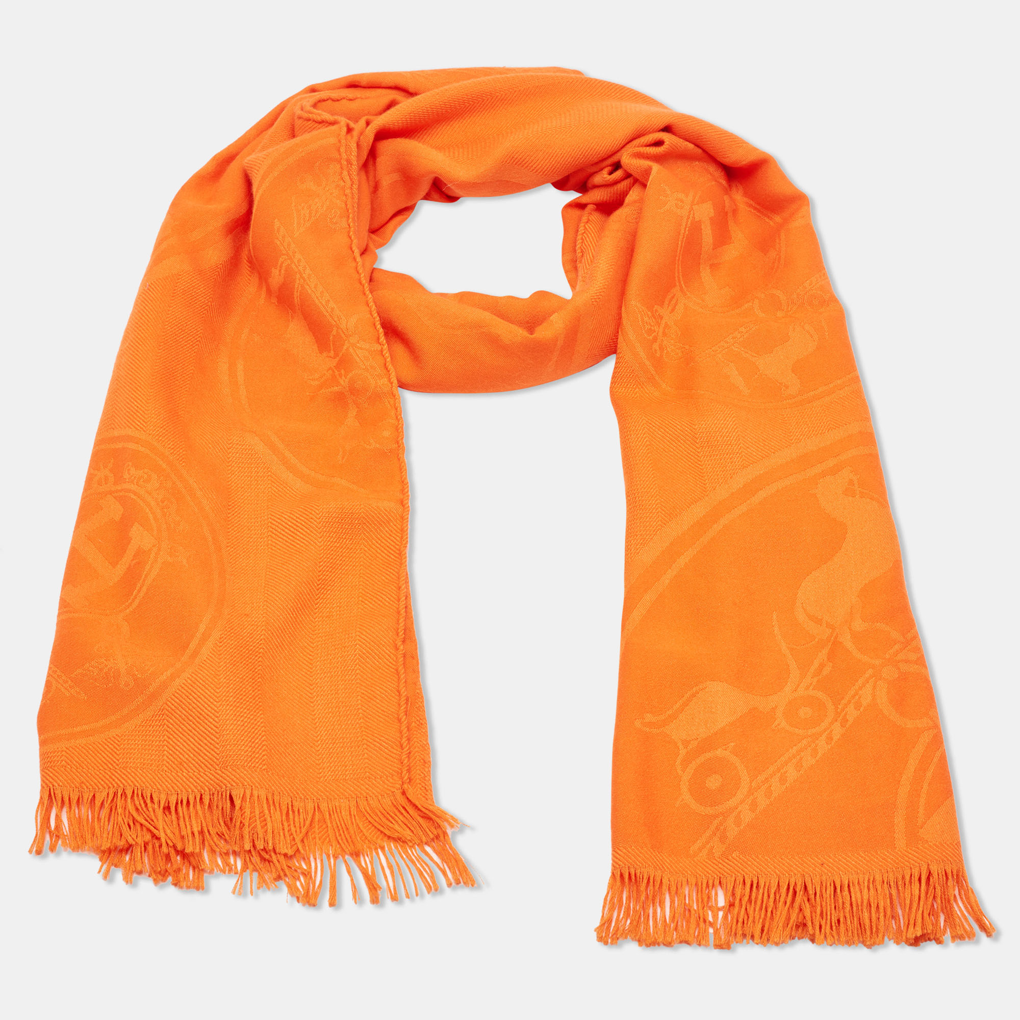 

Hermes Orange H Logo Jacquard Cashmere & Silk Fringed Shawl