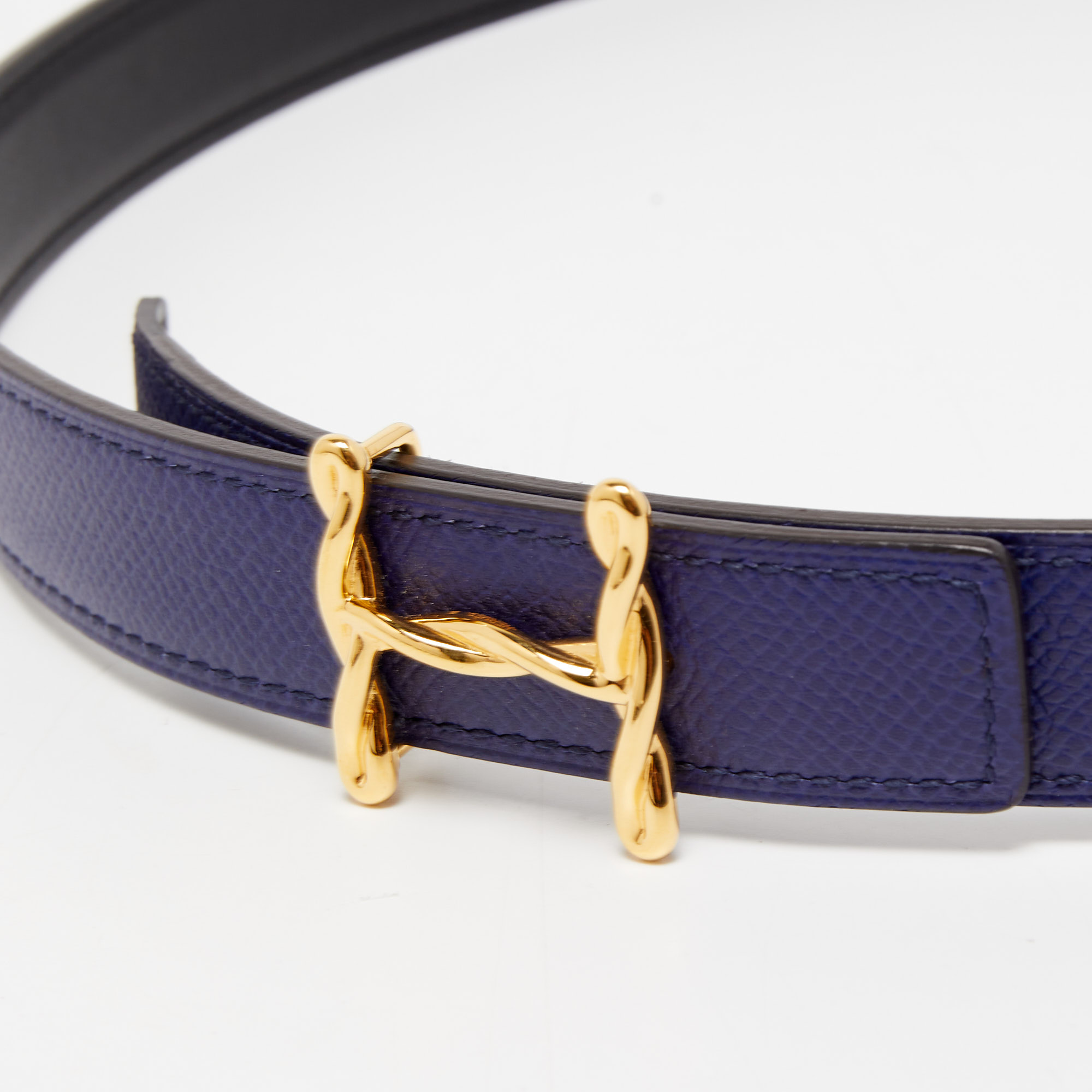 

Hermes Bleu Encre/Black Epsom and Swift Leather Reversible Mors H Buckle Belt, Blue