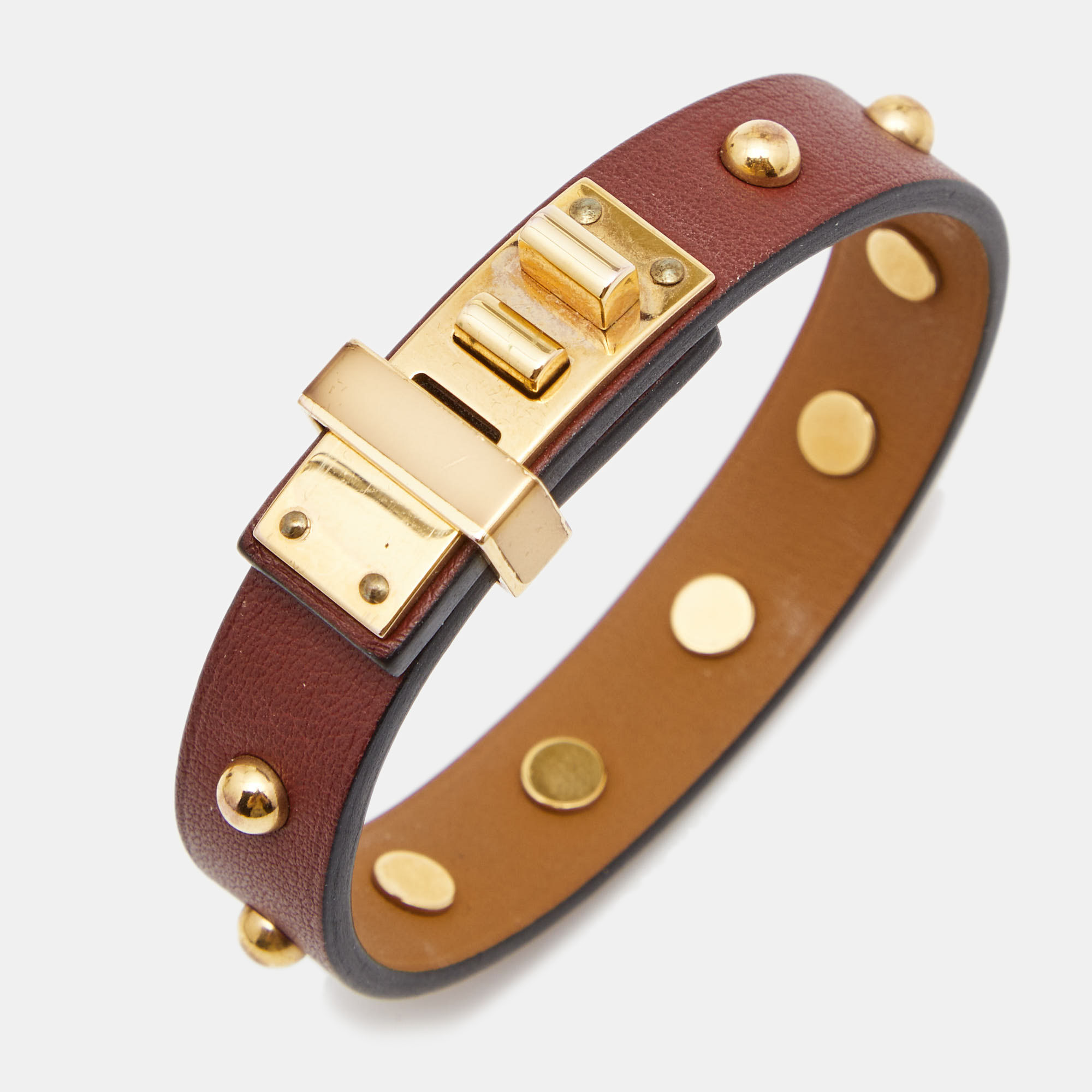 

Hermes Mini Dog Clous Rounds Leather Gold Tone Bracelet