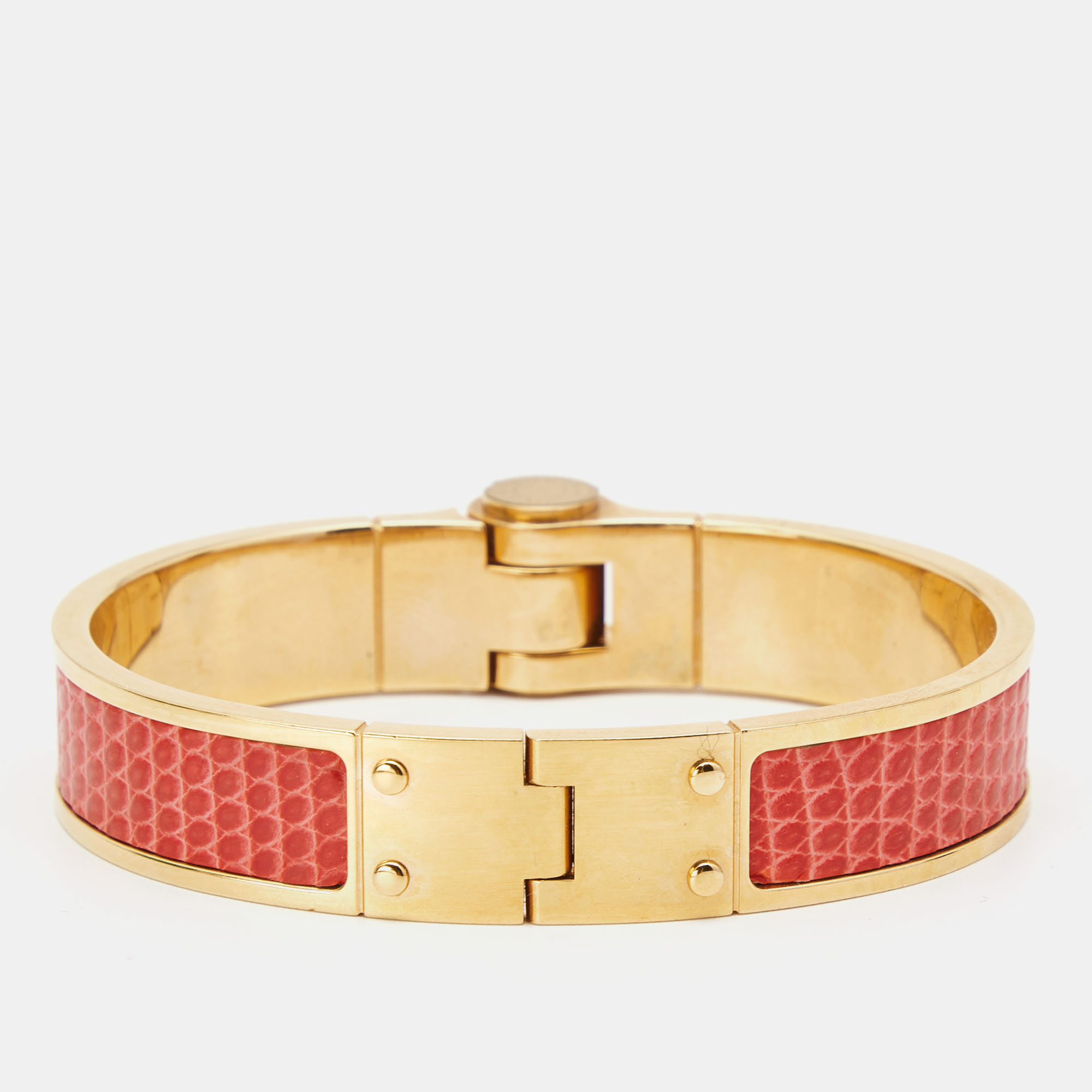 

Hermes Charniere Lizard Cuir Narrow Hinged Bracelet, Red