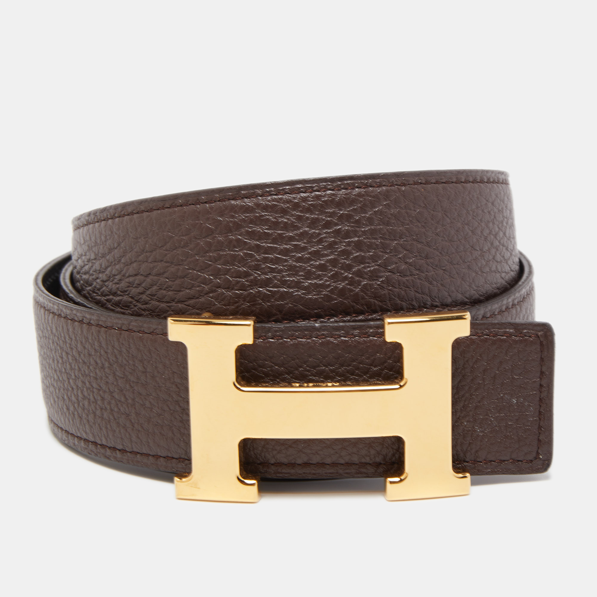 

Hermes Brown and Black Leather H Buckle Reversible Belt