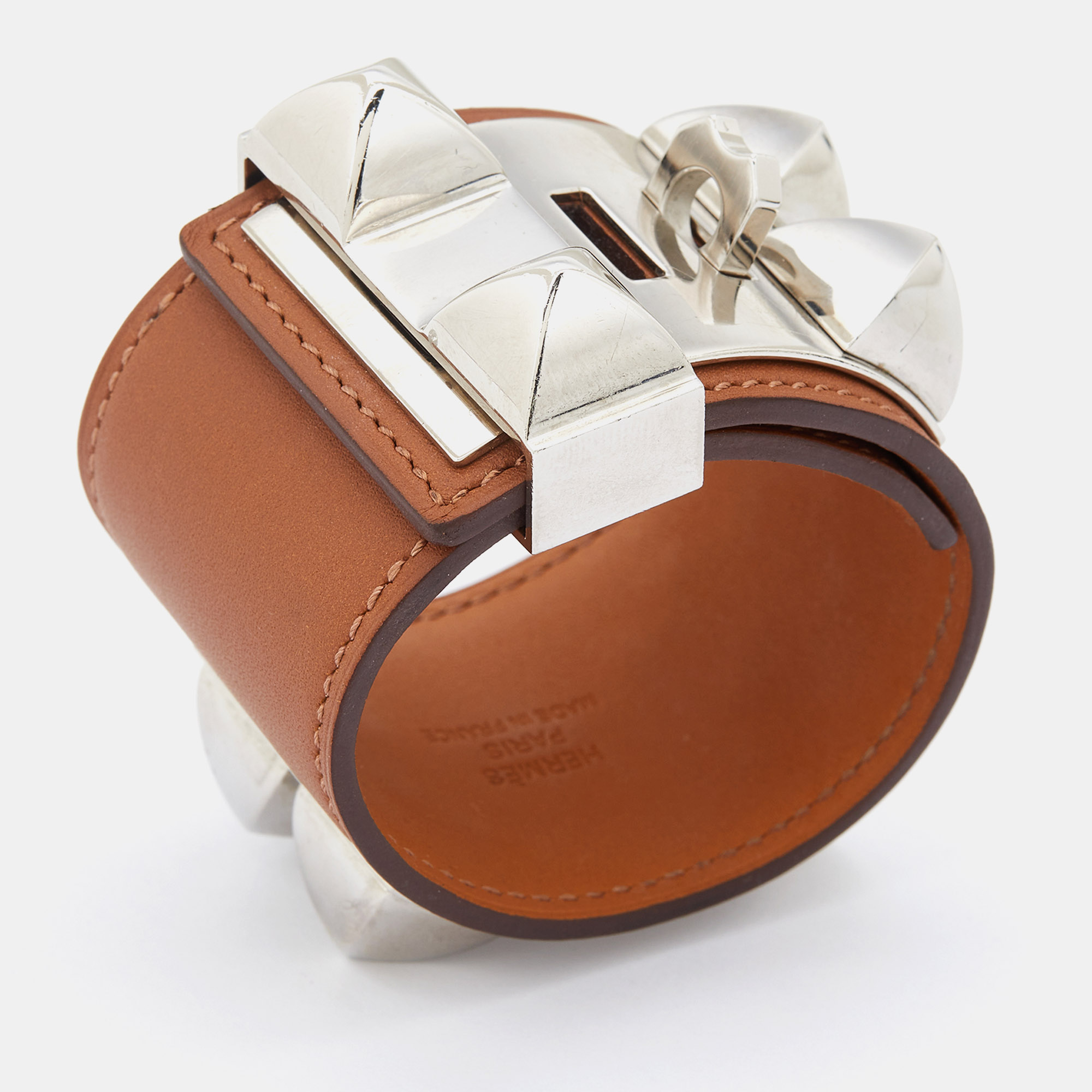 

Hermès Collier de Chien Brown Leather Palladium Plated Wide Bracelet