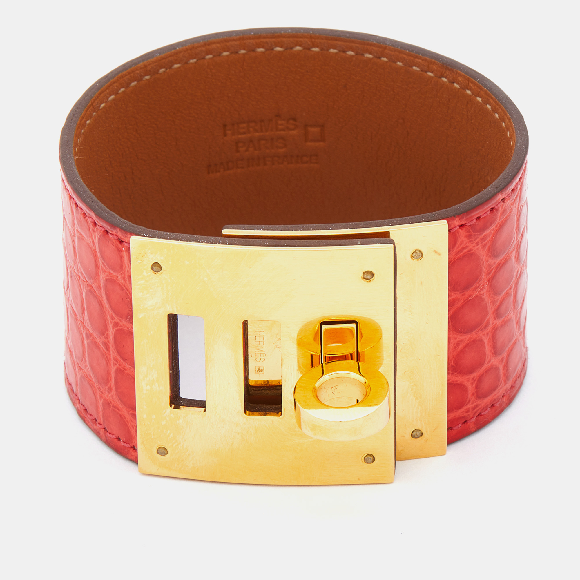 Pre-owned Hermes Red Crocodile Leather Gold Plated Kelly Dog Bracelet
