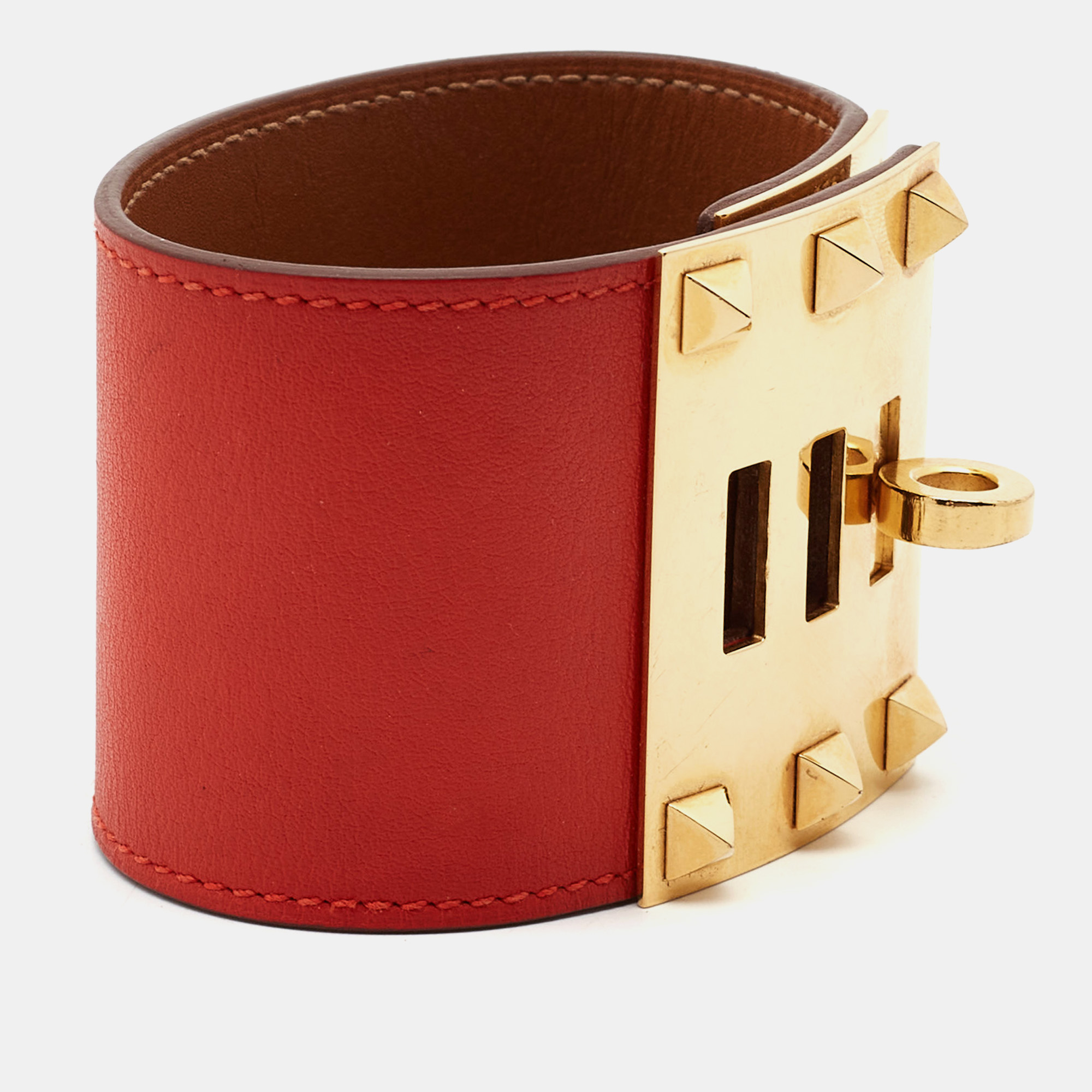 

Hermes Kelly Dog Red Leather Gold Plated Wide Bracelet