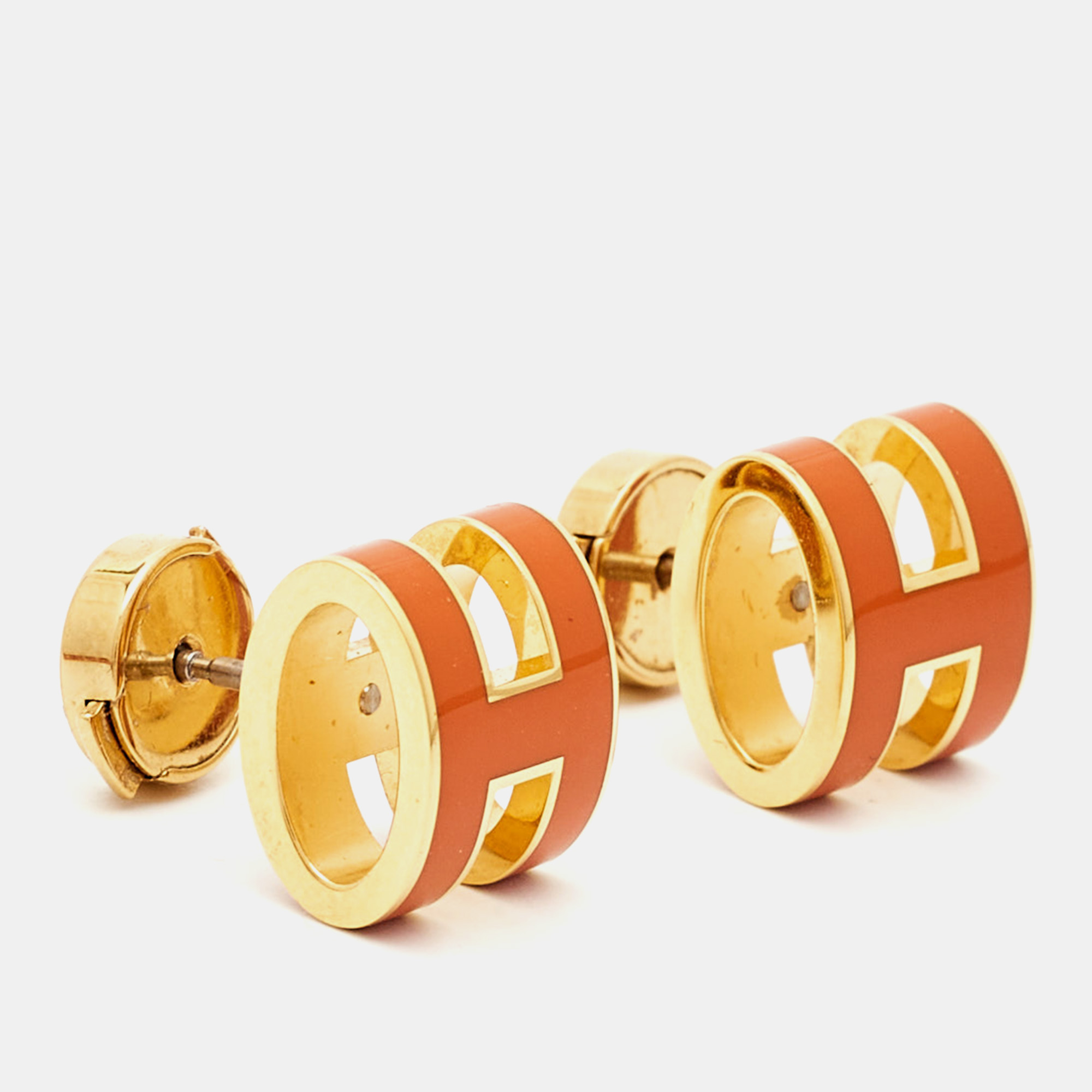 

Hermes Pop H Orange Enamel Gold Tone Earrings