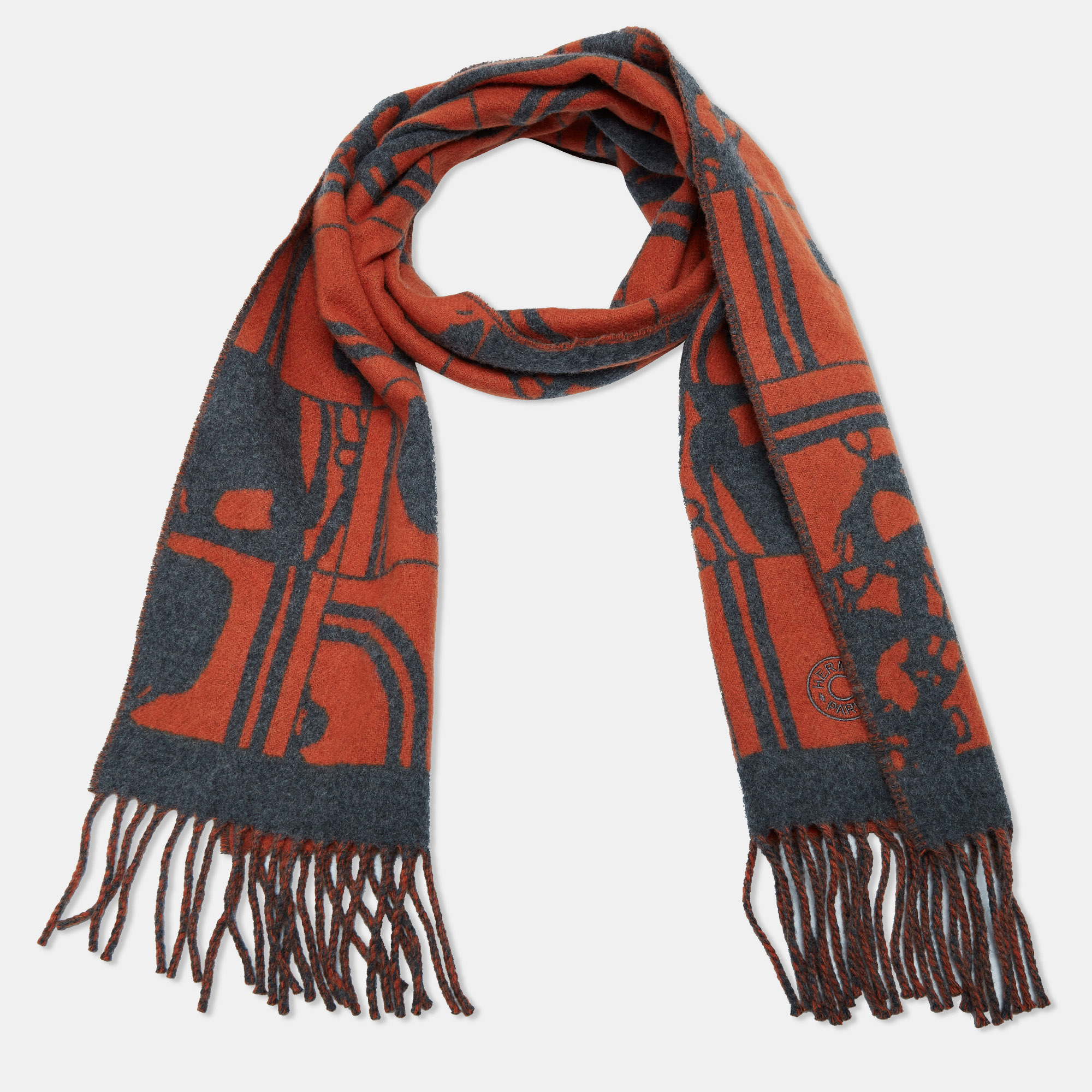 

Hermes Orange & Grey Cashmere Fringed Shawl