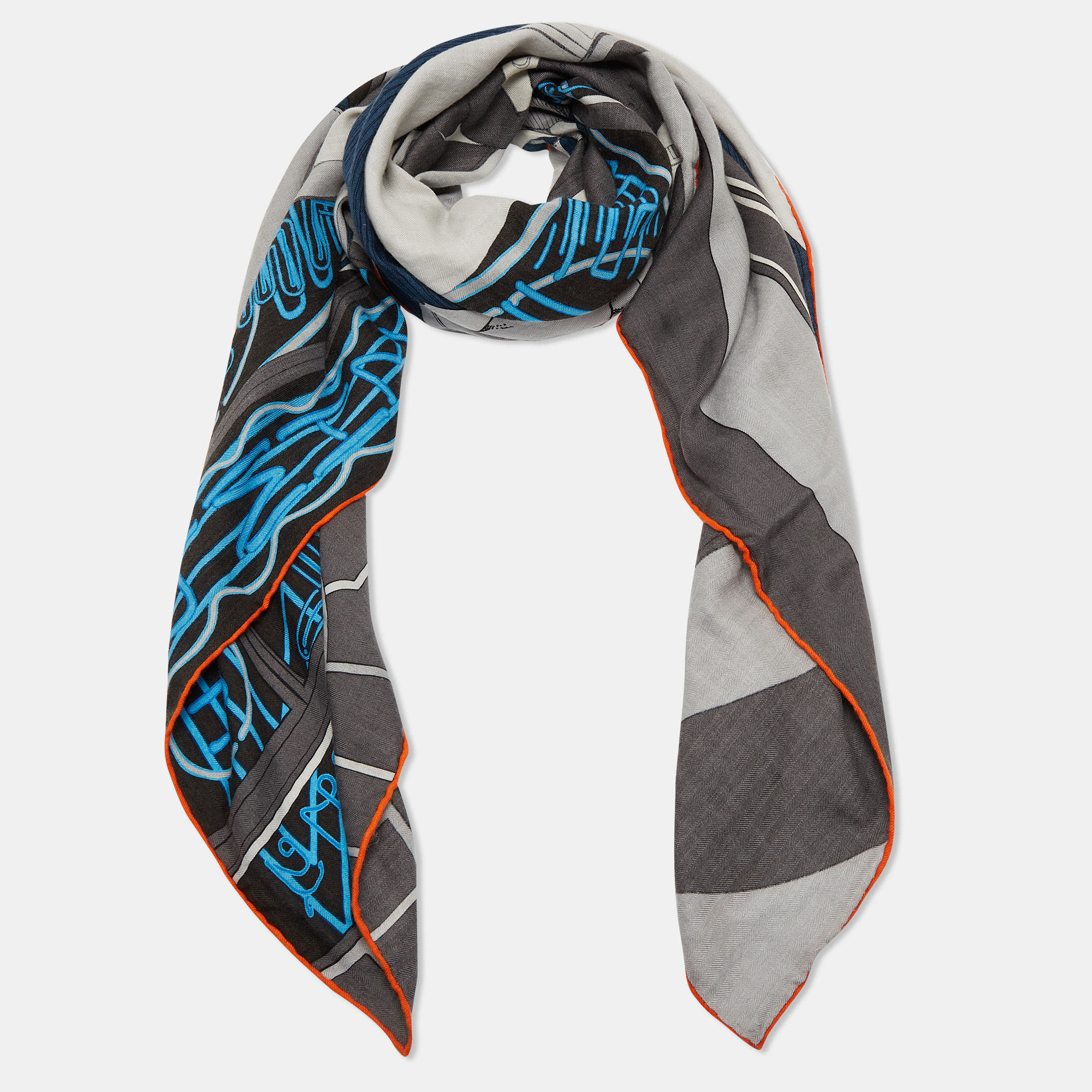 

Hermes Grey & Navy Blue Biker Printed Cashmere & Silk Square Scarf