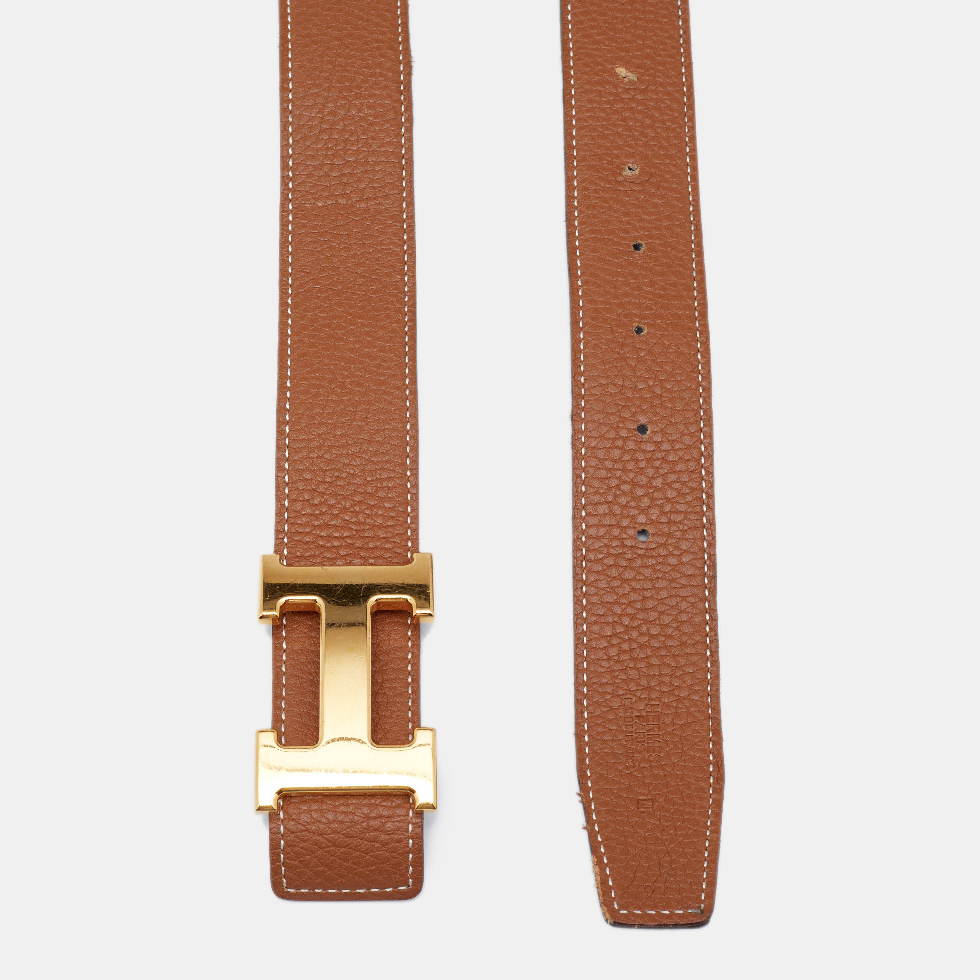 

Hermes Black/Gold Box/Togo Leather H Buckle Reversible Belt, Brown