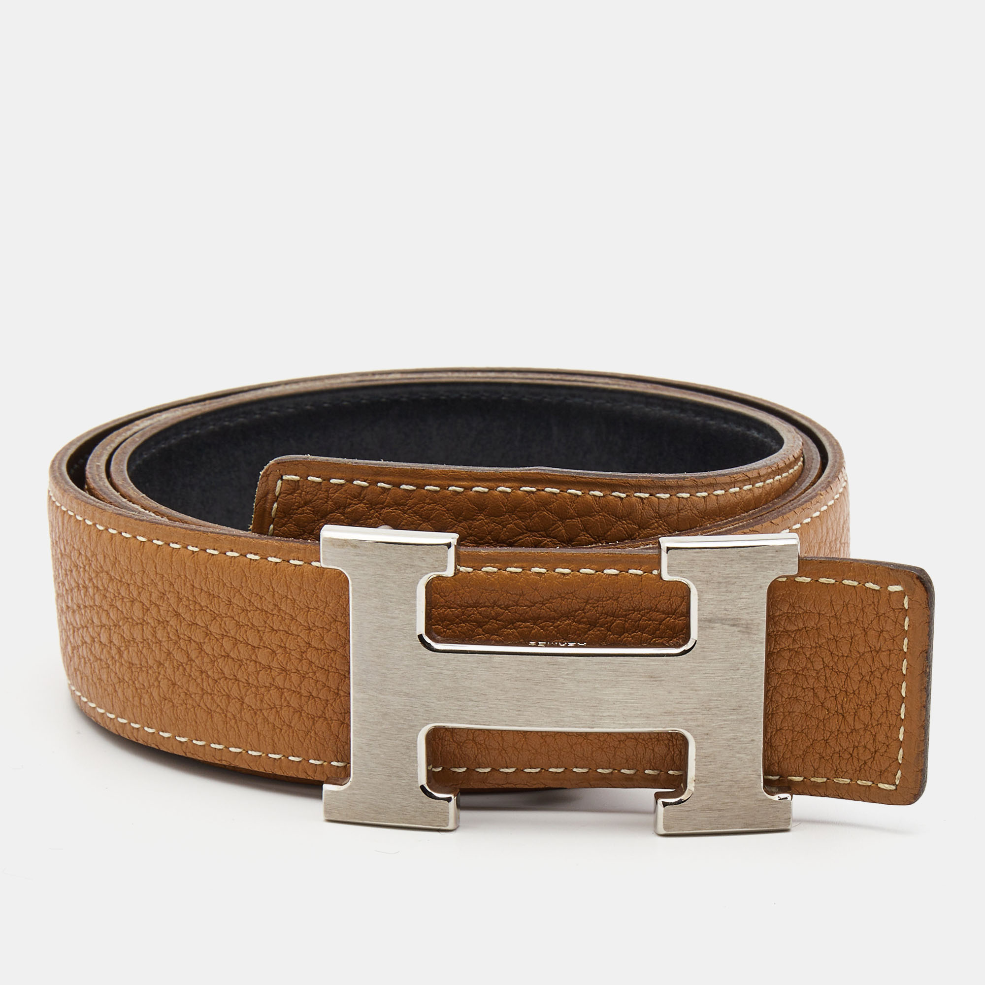 

Hermes Black/Gold Box/Togo Leather H Buckle Reversible Belt