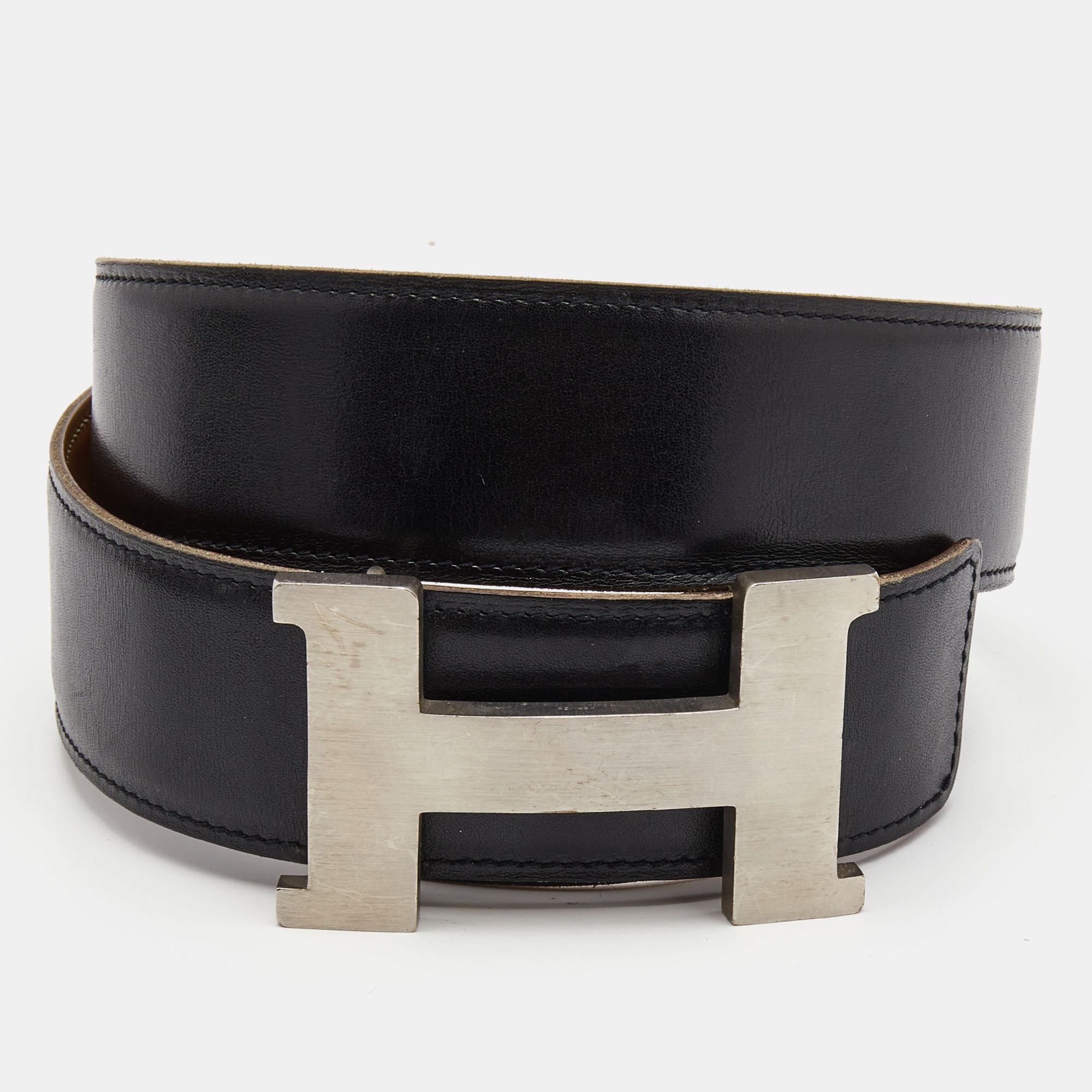 

Hermes Black/Gold Box Calf and Swift Leather H Buckle Reversible Belt