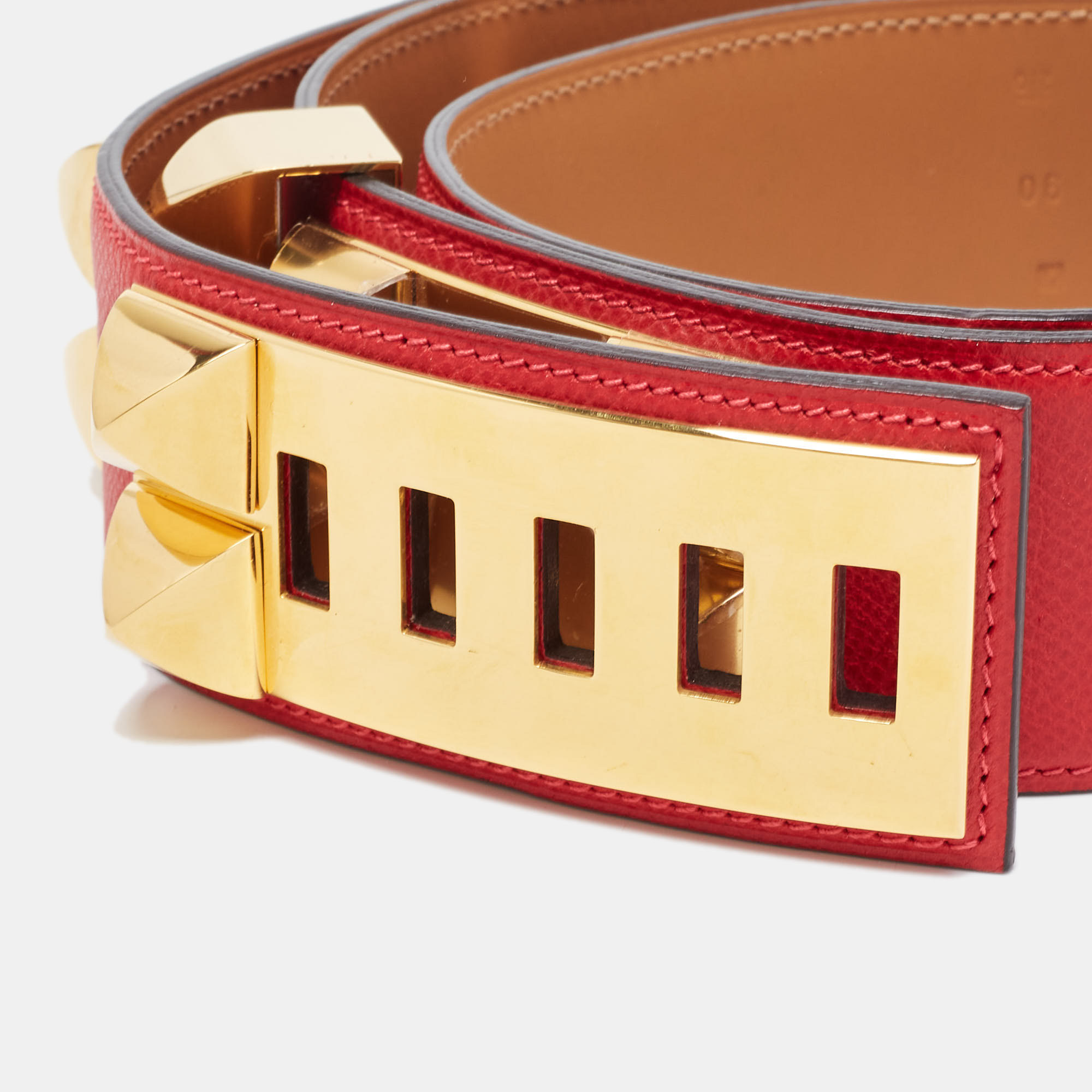 

Hermes Rouge Casaque Epsom Leather Collier De Chien Belt, Red