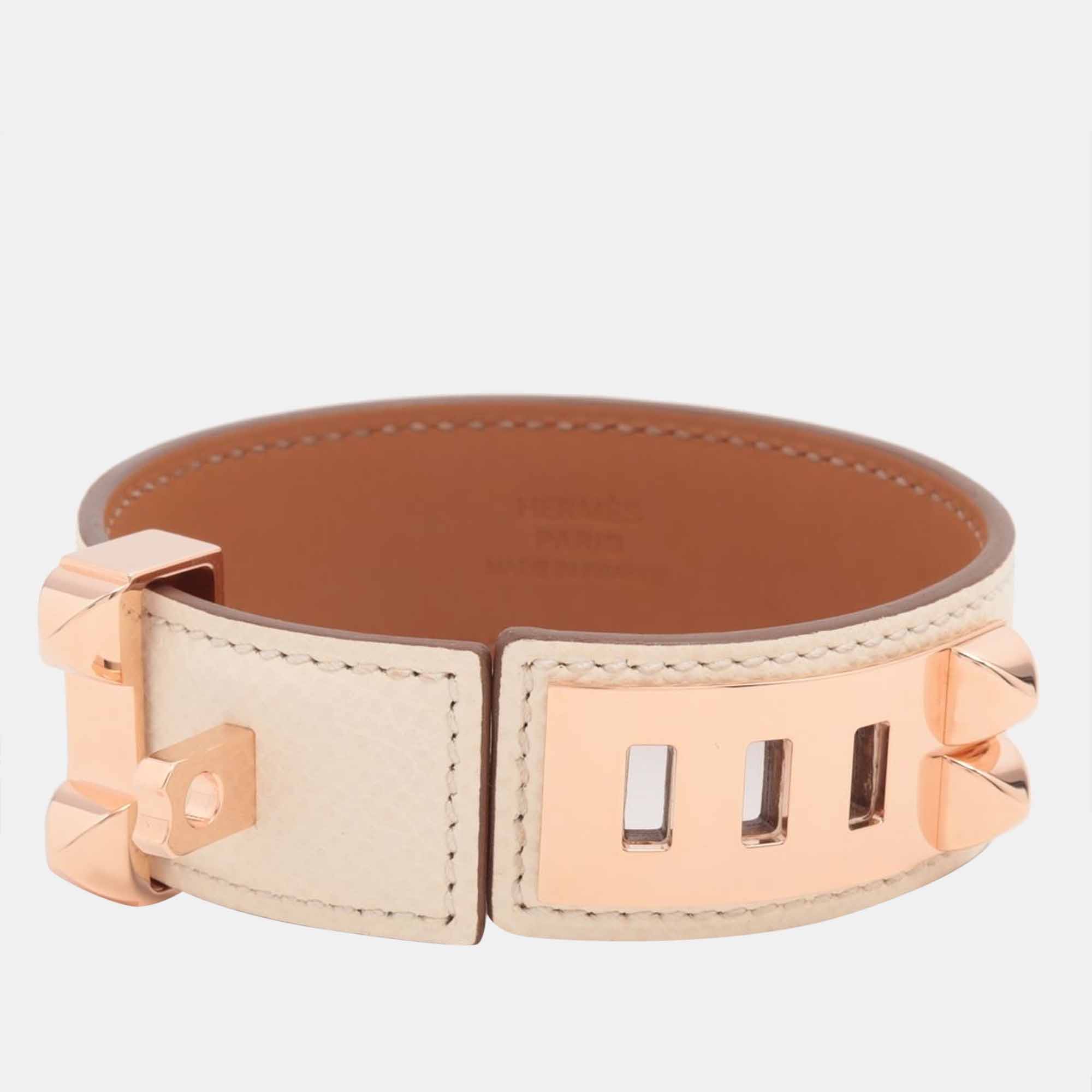 

Hermès Collier de Chien Bracelet GP & leather Pink gold x white, Brown