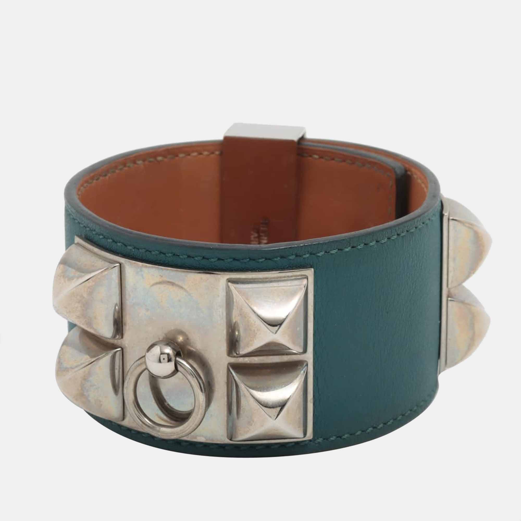 

Hermes Collier de Chien T:2015 Bracelet GP & leather Silver x blue