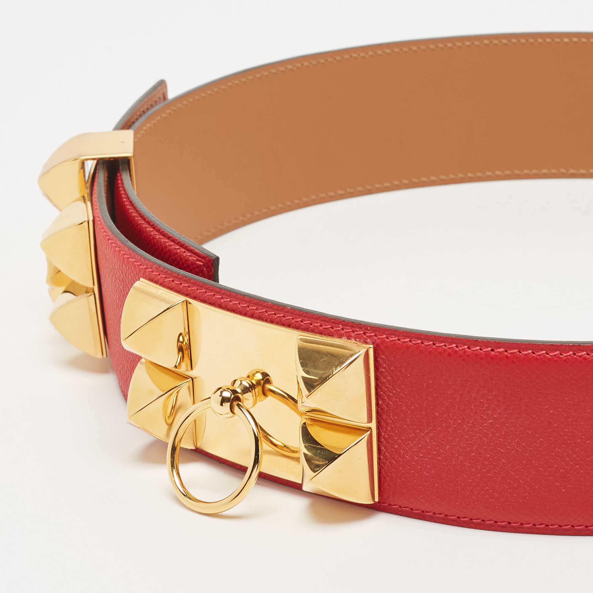 

Hermes Rouge Casaque Epsom Leather Collier De Chien Belt, Red