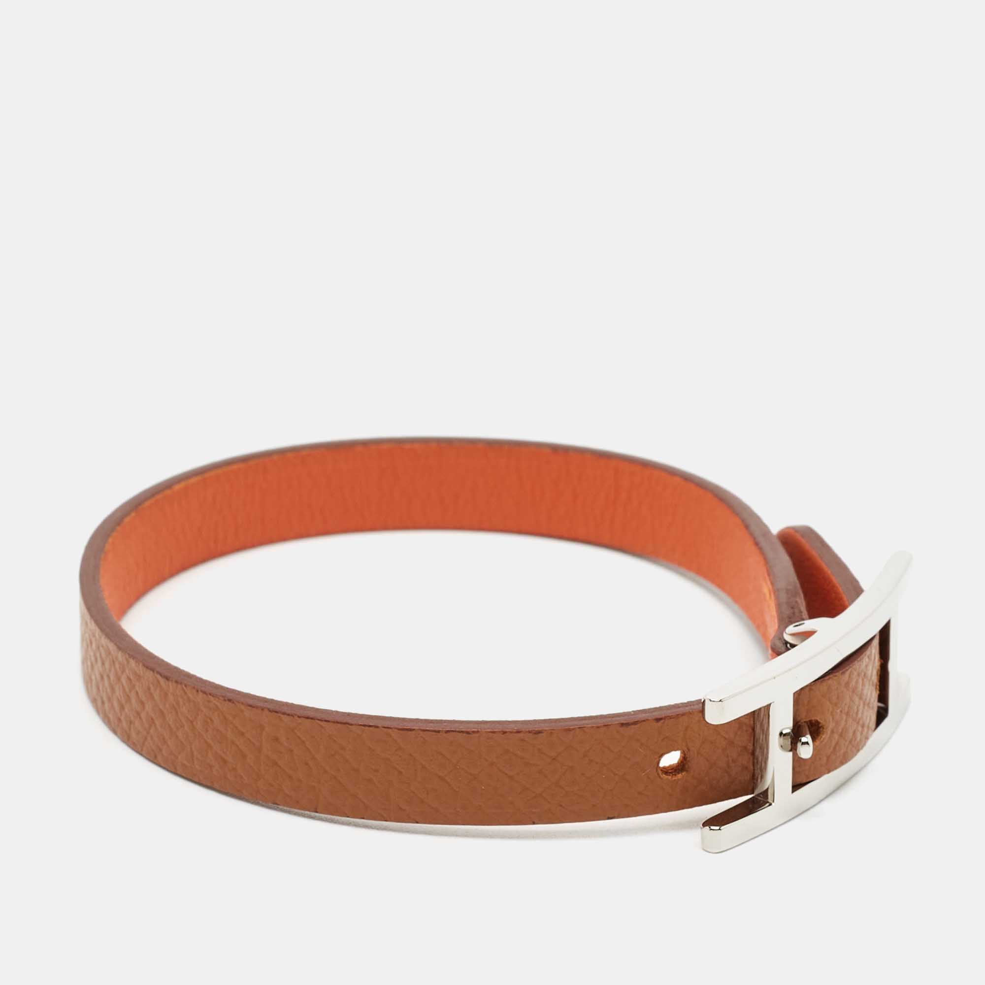 

Hermes Behapi Brown/Orange Leather Palladium Plated Reversible Bracelet
