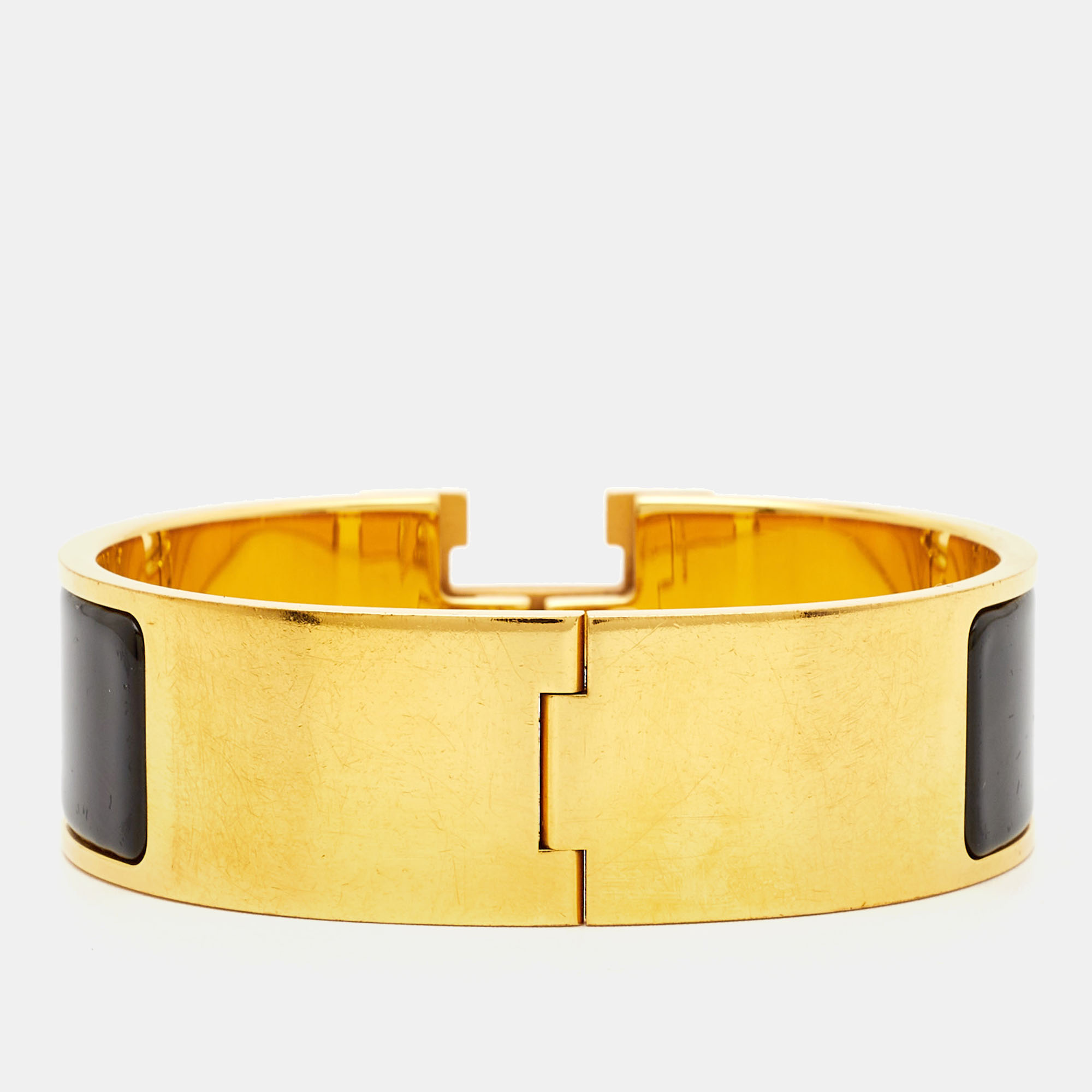 

Hermes Clic Clac H Black Enamel Gold Plated Wide Bracelet
