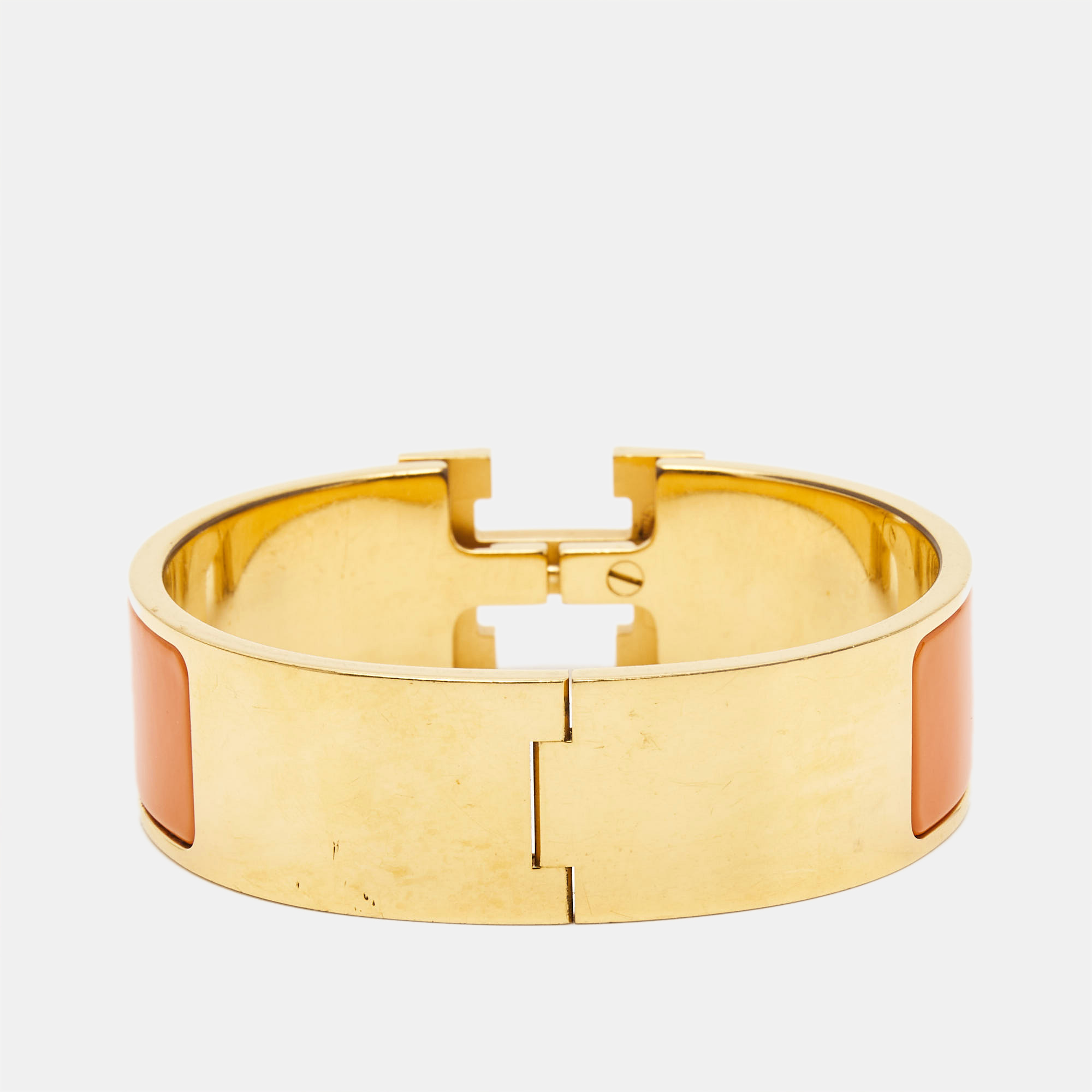 

Hermès Clic Clac H Orange Enamel Gold Plated Wide Bracelet
