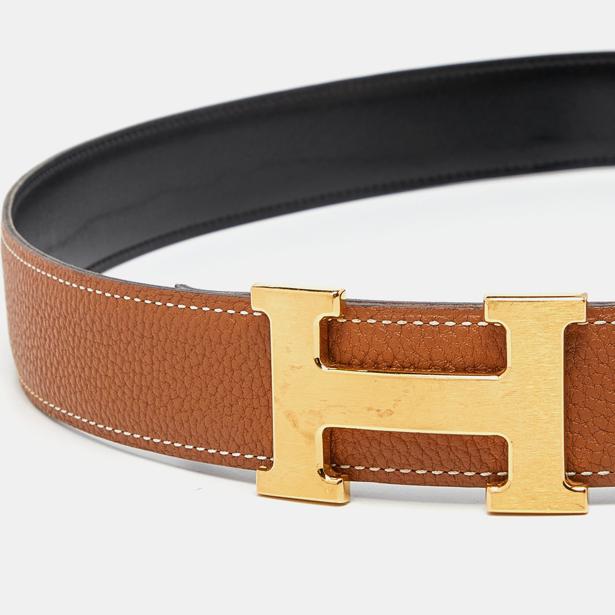 

Hermes Black/Gold Chamonix/Togo Leather H Buckle Reversible Belt, Brown