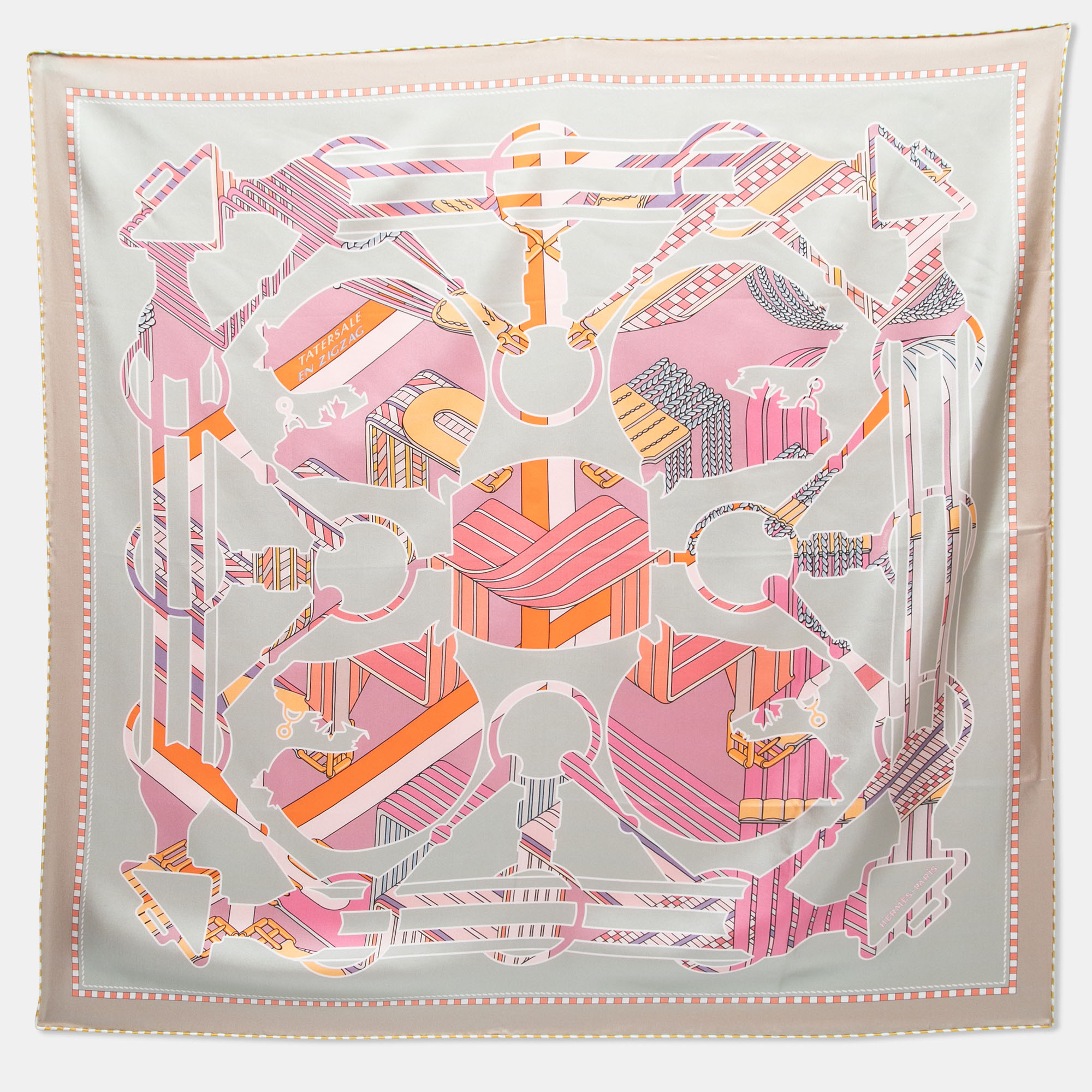Click to view more detailed imagery on our partner's website Pre-owned Hermes Light Green Tatersale En Zigzag Printed Silk Square Scarf