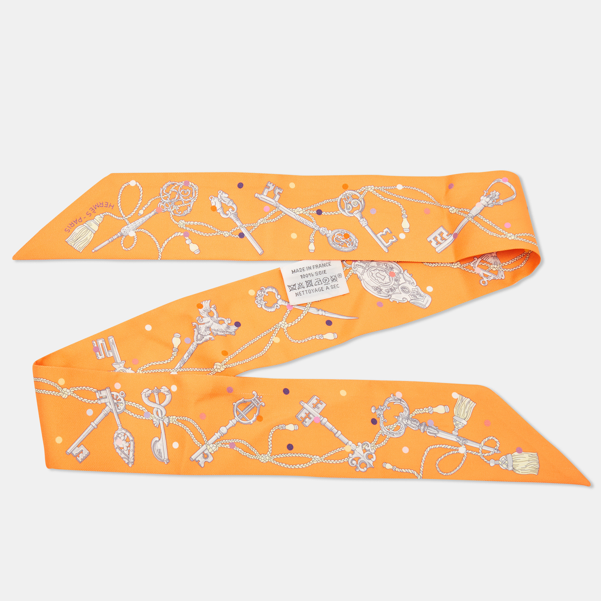 

Hermès Orange Les Cles a Pois Printed Silk Twilly