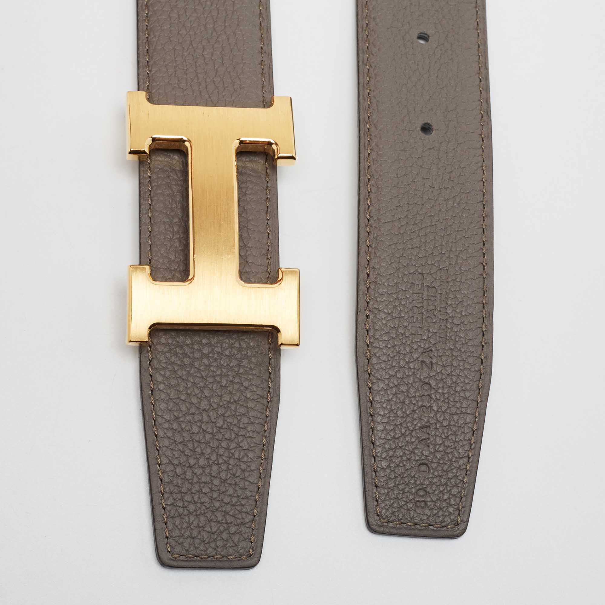 

Hermes Chamonix/Togo Epsom And Etain Leather Constance Reversible Belt, Black