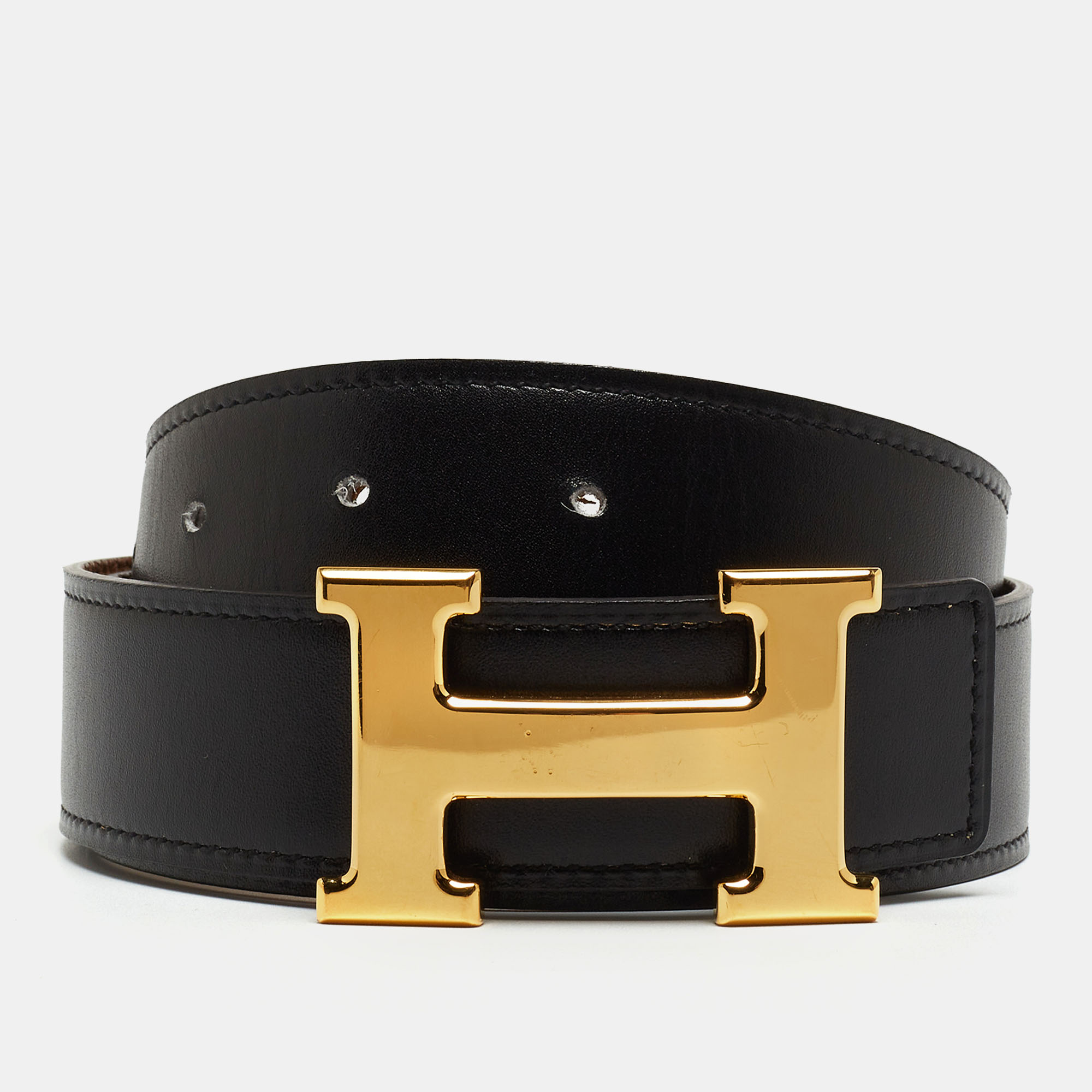 

Hermes Black/Gold Box And Togo Leather Constance Reversible Belt, Brown
