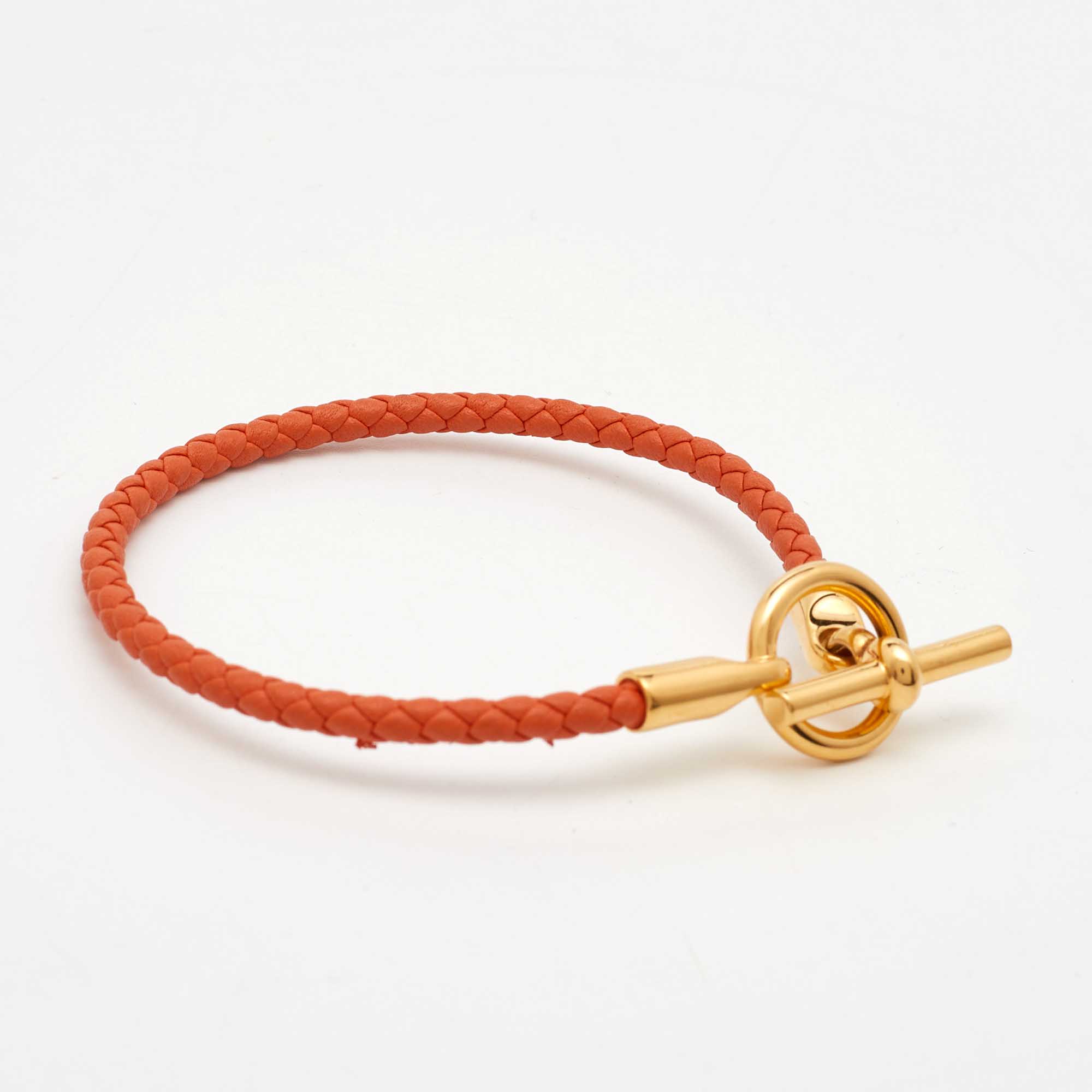 

Hermes Glenan Braided Orange Leather Gold Plated Toggle Bracelet