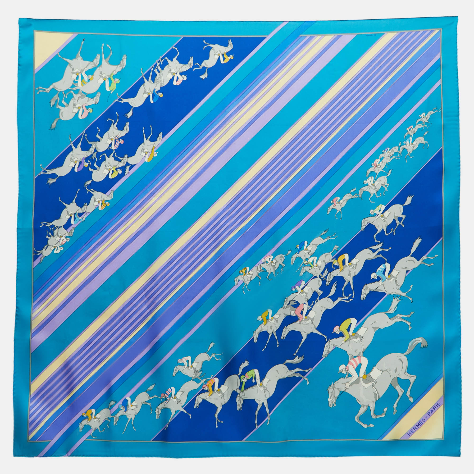 Pre-owned Hermes Hermès Blue Striped Equestrian Printed Silk Square Scarf