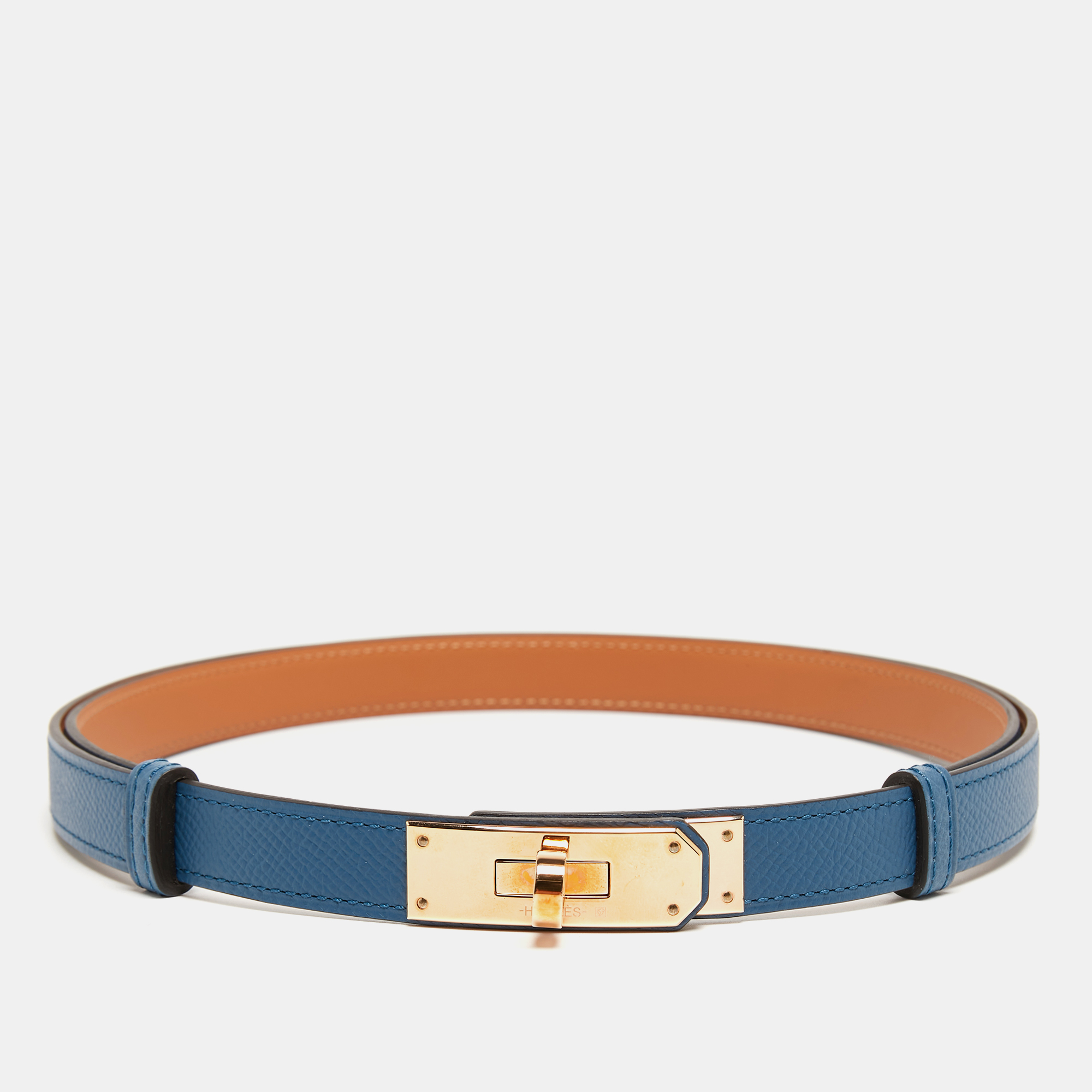 Hermes Bleu Thalassa Epsom Leather Rose Gold Tone Finish Kelly 18 Belt Adjustable