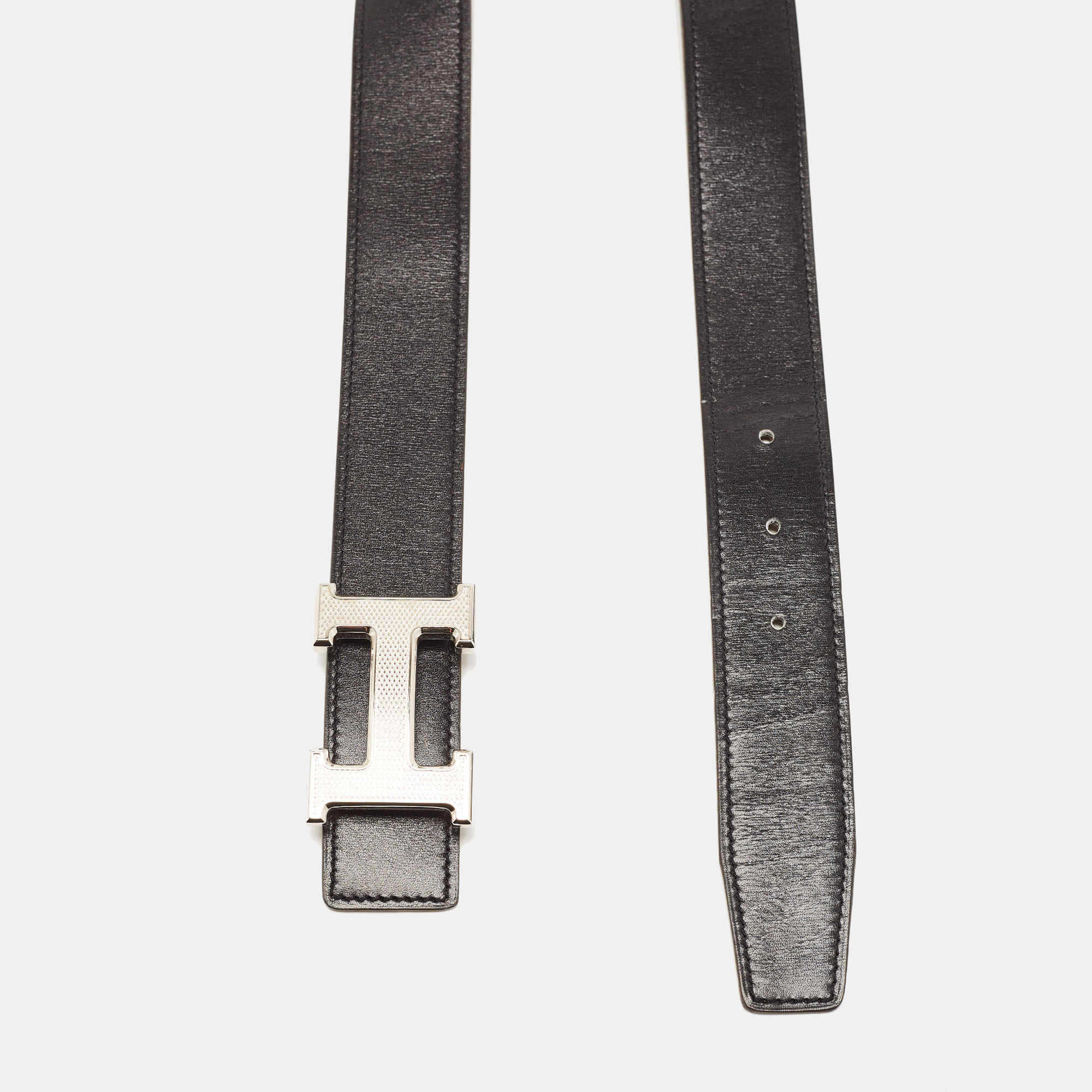 

Hermes Black/Ebene Box and Togo Leather Guilloche H Buckle Reversible Belt