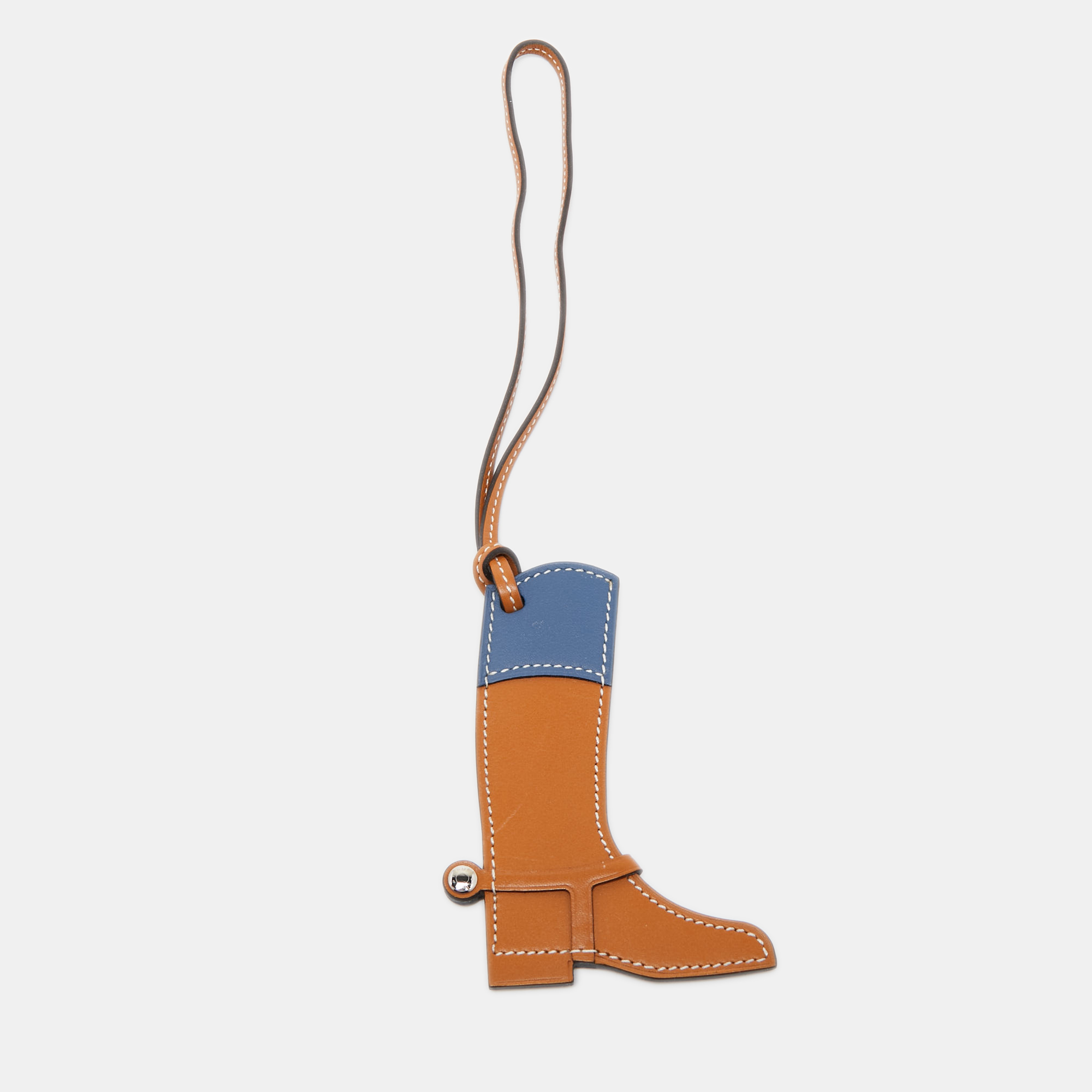 Pre-owned Hermes Natural Sable/bleu Zellige Veau Butler And Swift Leather Paddock Boot Bag Charm In Brown