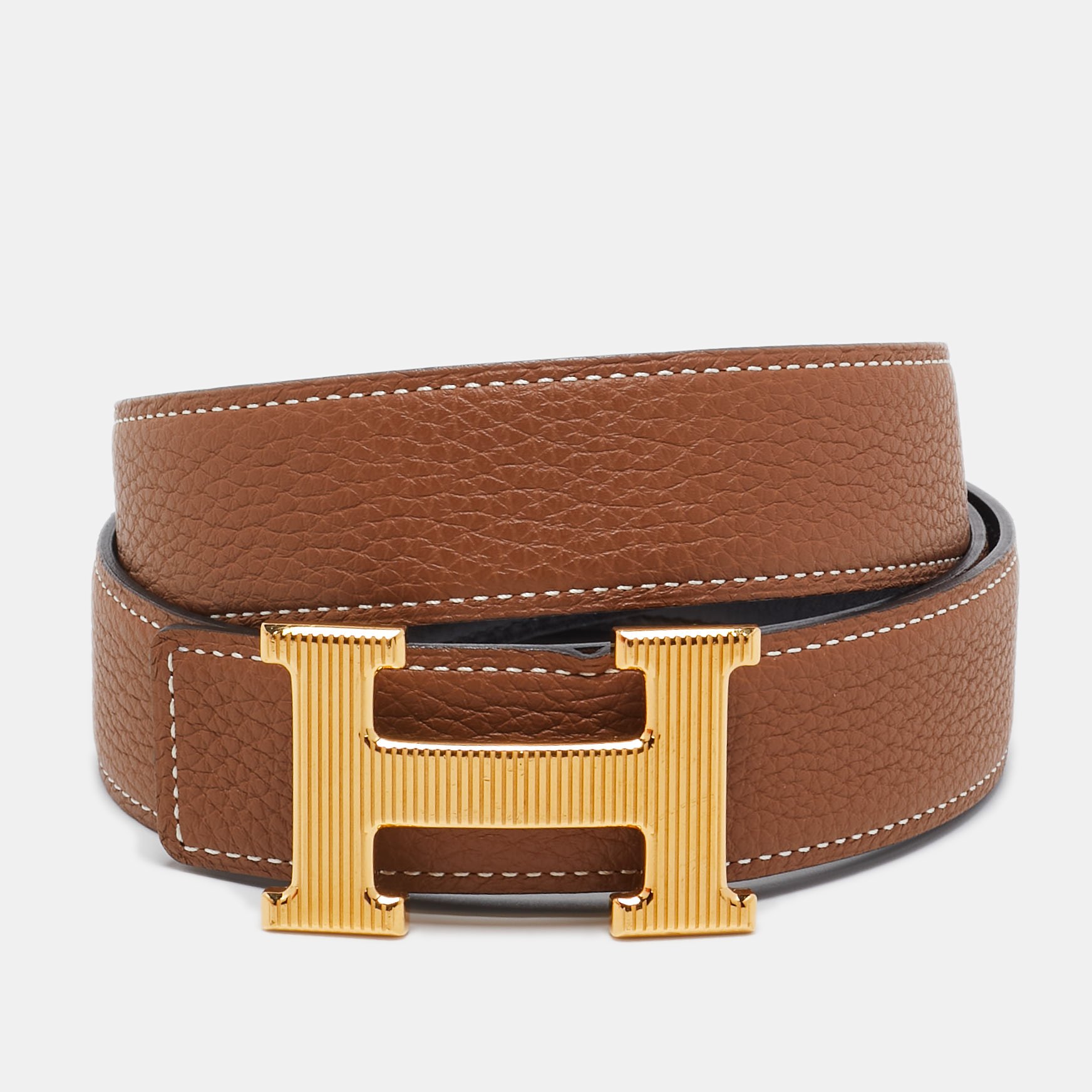 

Hermes Black/Brown Box Calf And Togo H Strie Buckle Reversible Belt