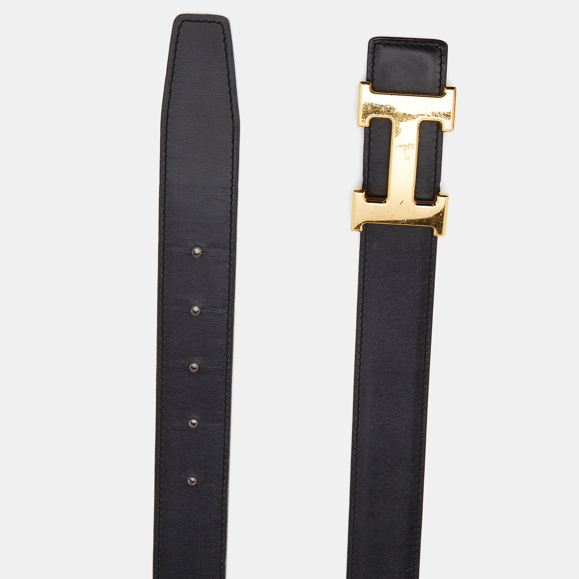 

Hermes Black/Fauve Barenia/Box Leather H Buckle Reversible Belt