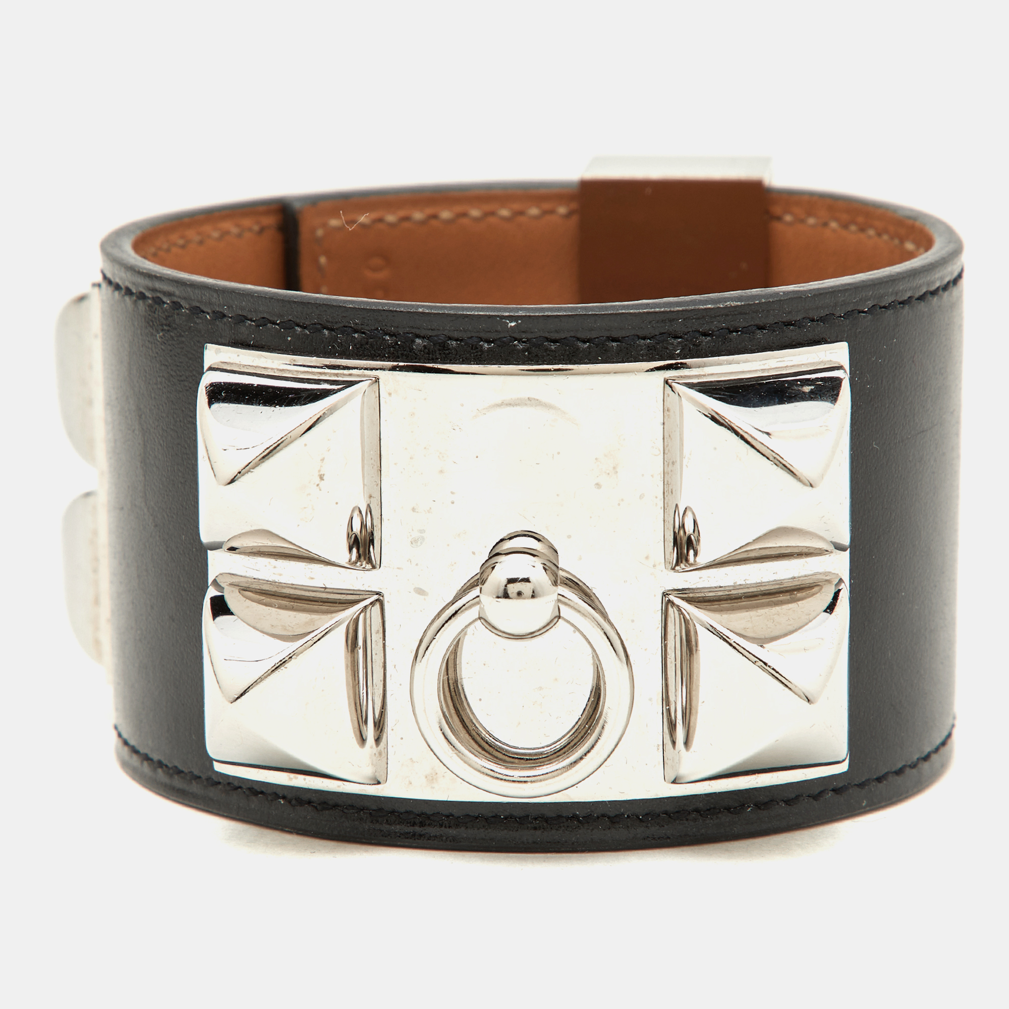 Pre-owned Hermes Collier De Chien Black Leather Palladium Plated Wide Cuff Bracelet S