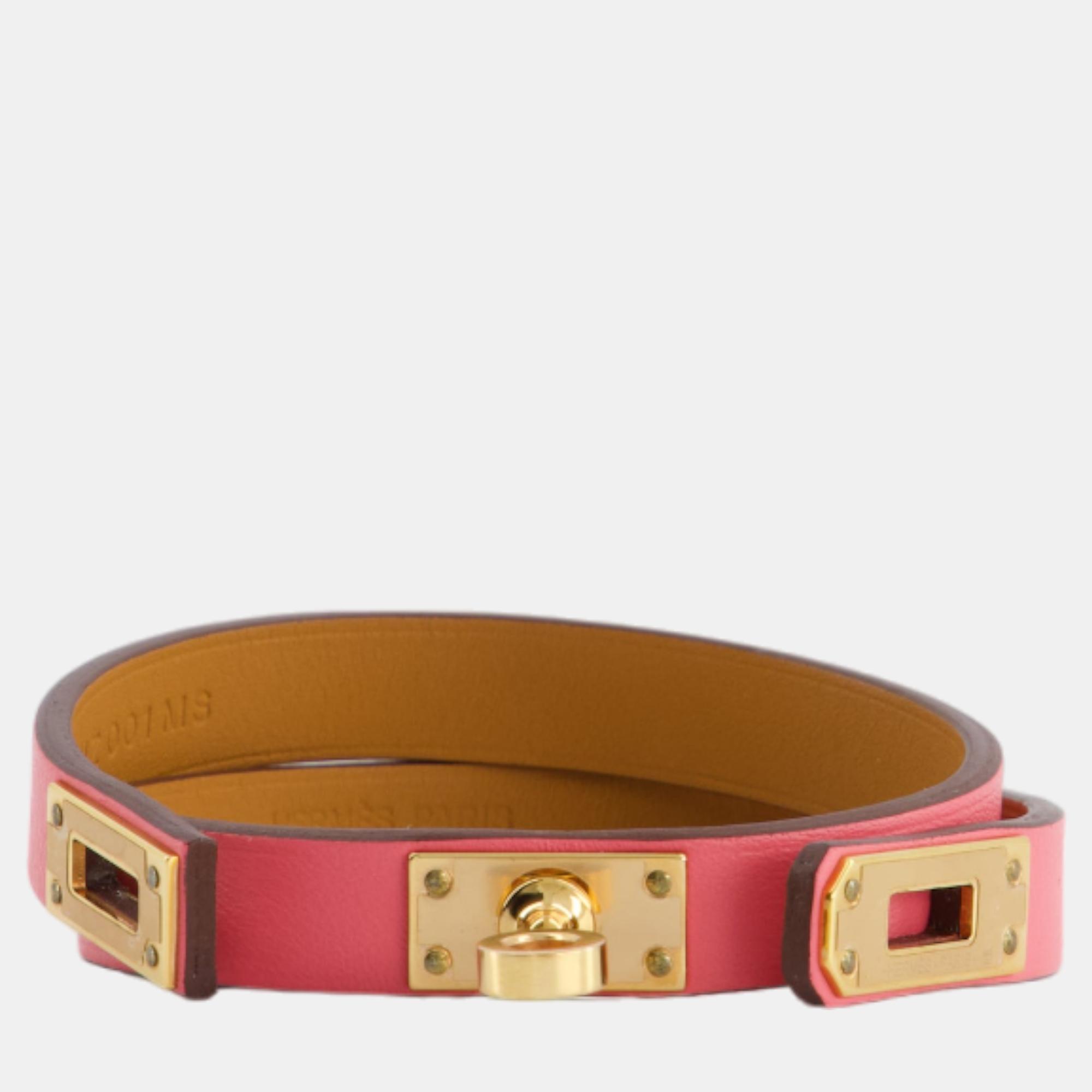 

Hermes Mini Kelly Double Tour Bracelet in Rose Pop with Gold Hardware, Pink