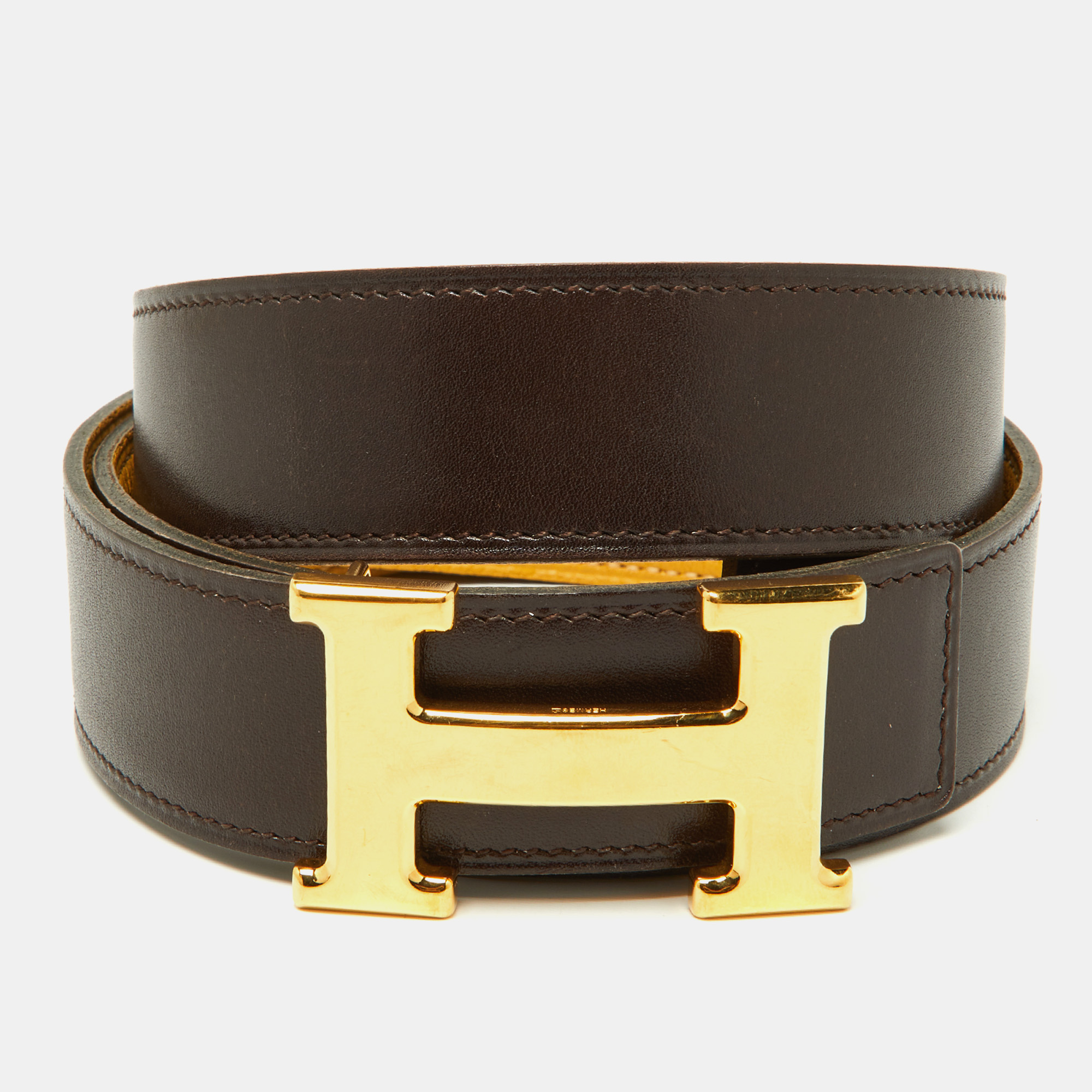 Pre Owned Hermes Marron Froce/Curry Box and Togo Leather Reversible Belt 90CM