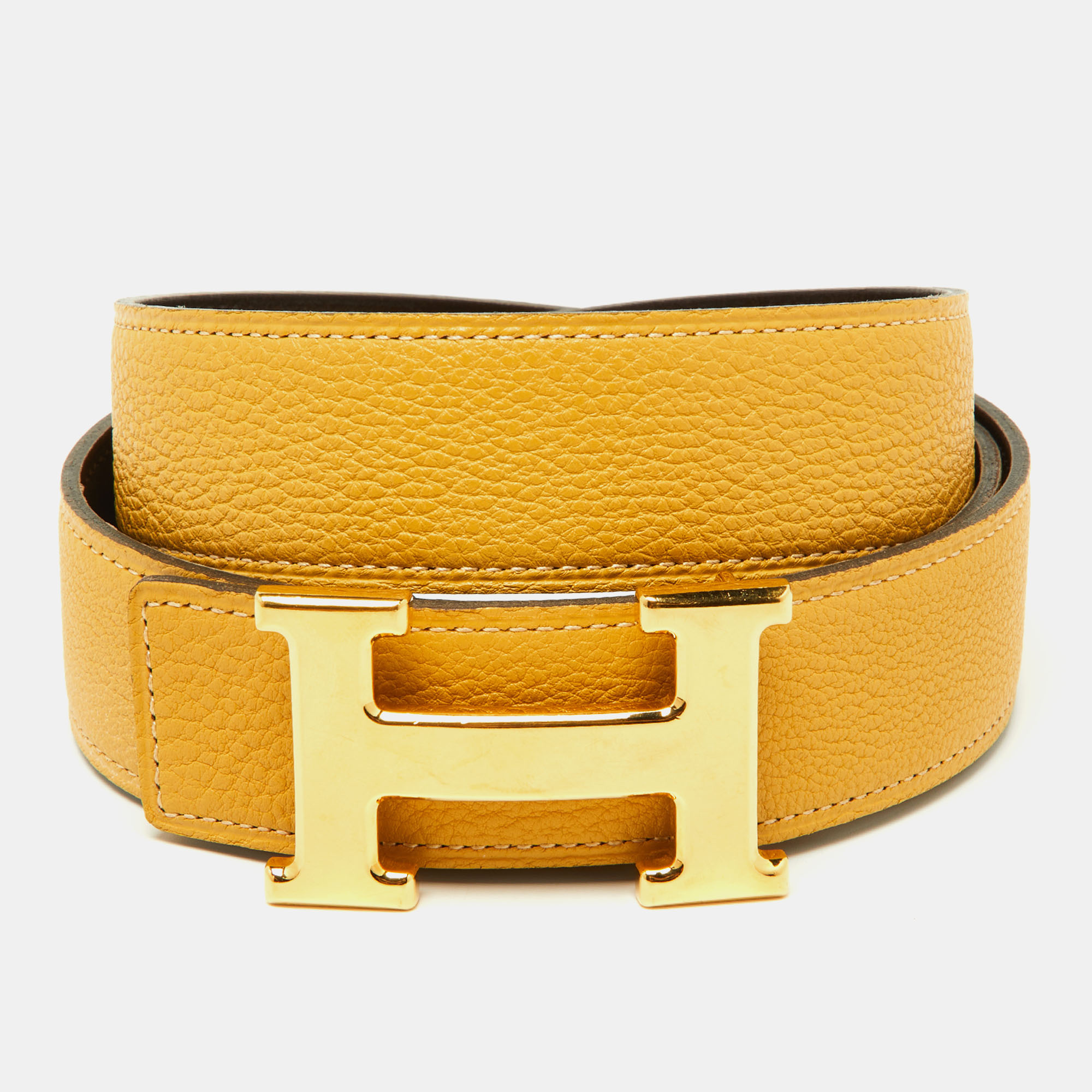 

Hermes Marron Froce/Curry Box and Togo Leather Reversible Belt, Yellow