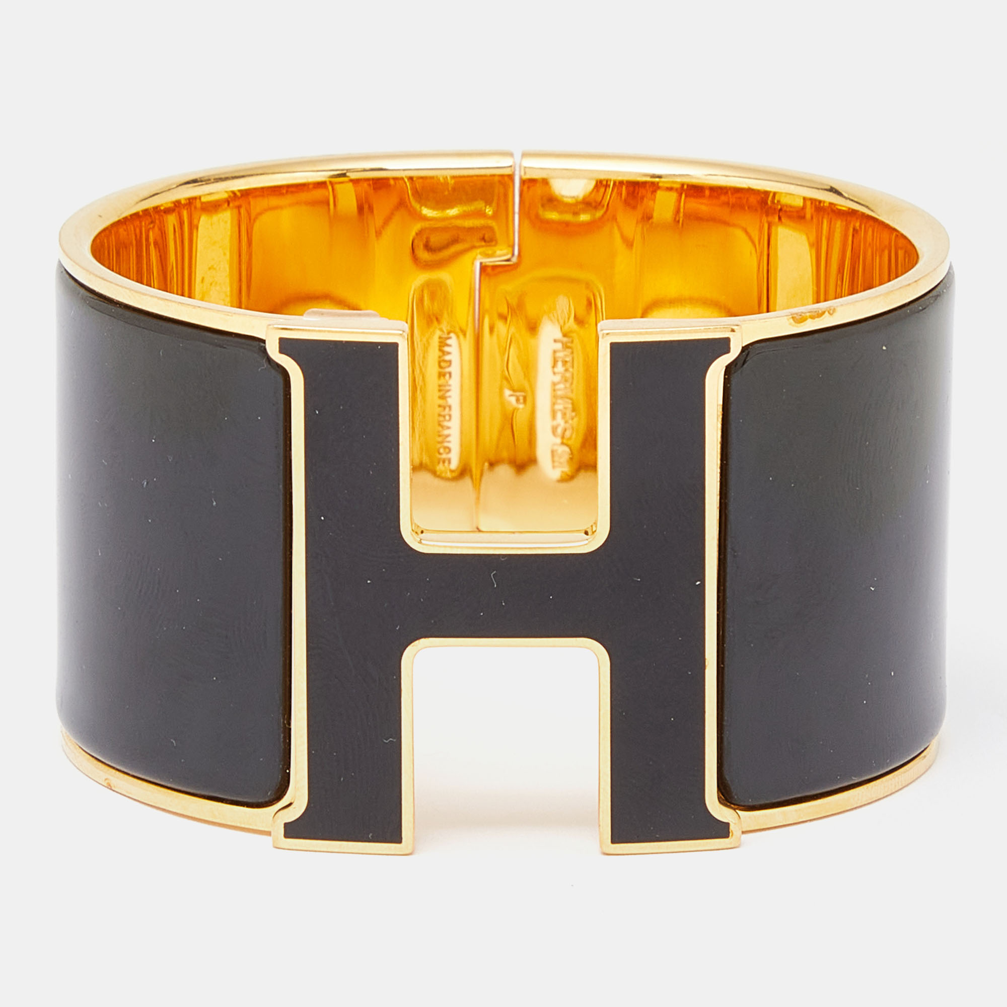 مملوكة مسبقًا Hermes Clic Clac H Black Enamel Gold Plated Extra Wide Bracelet