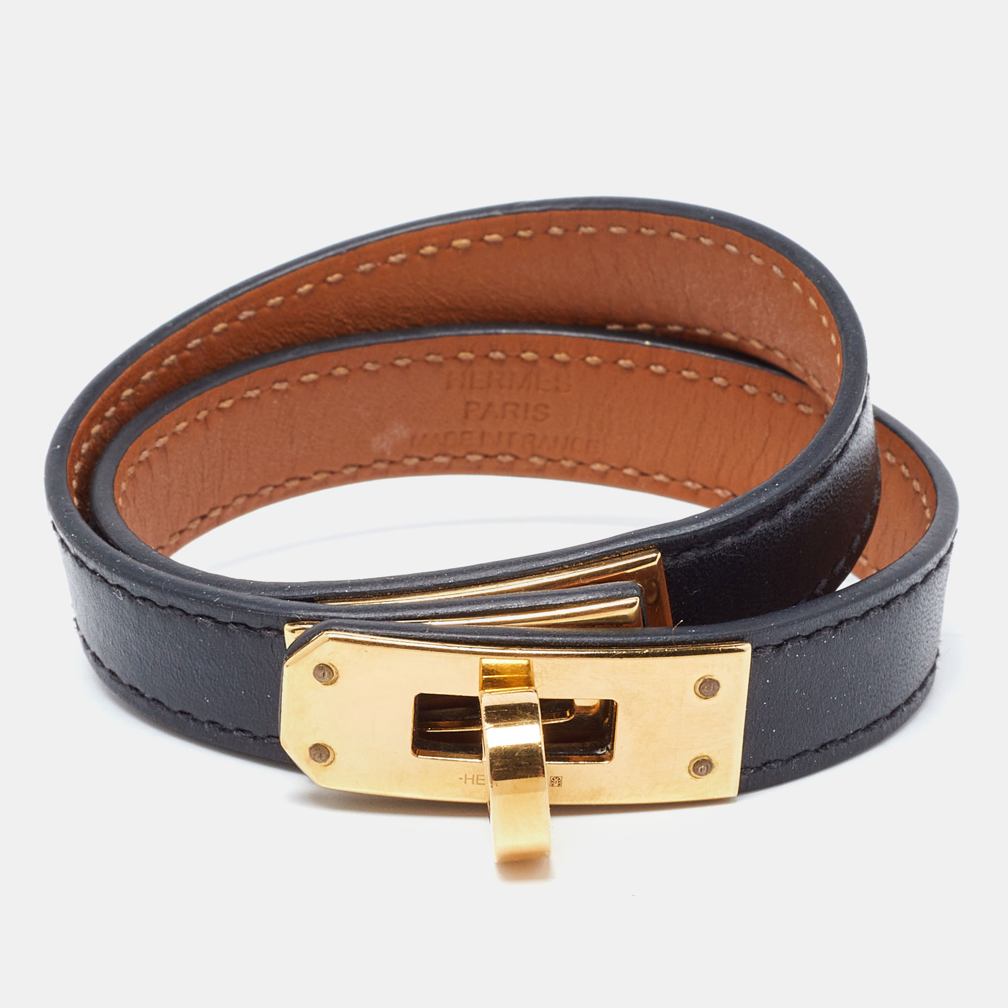 Pre-owned Hermes Kelly Black Leather Gold Plated Double Tour Bracelet