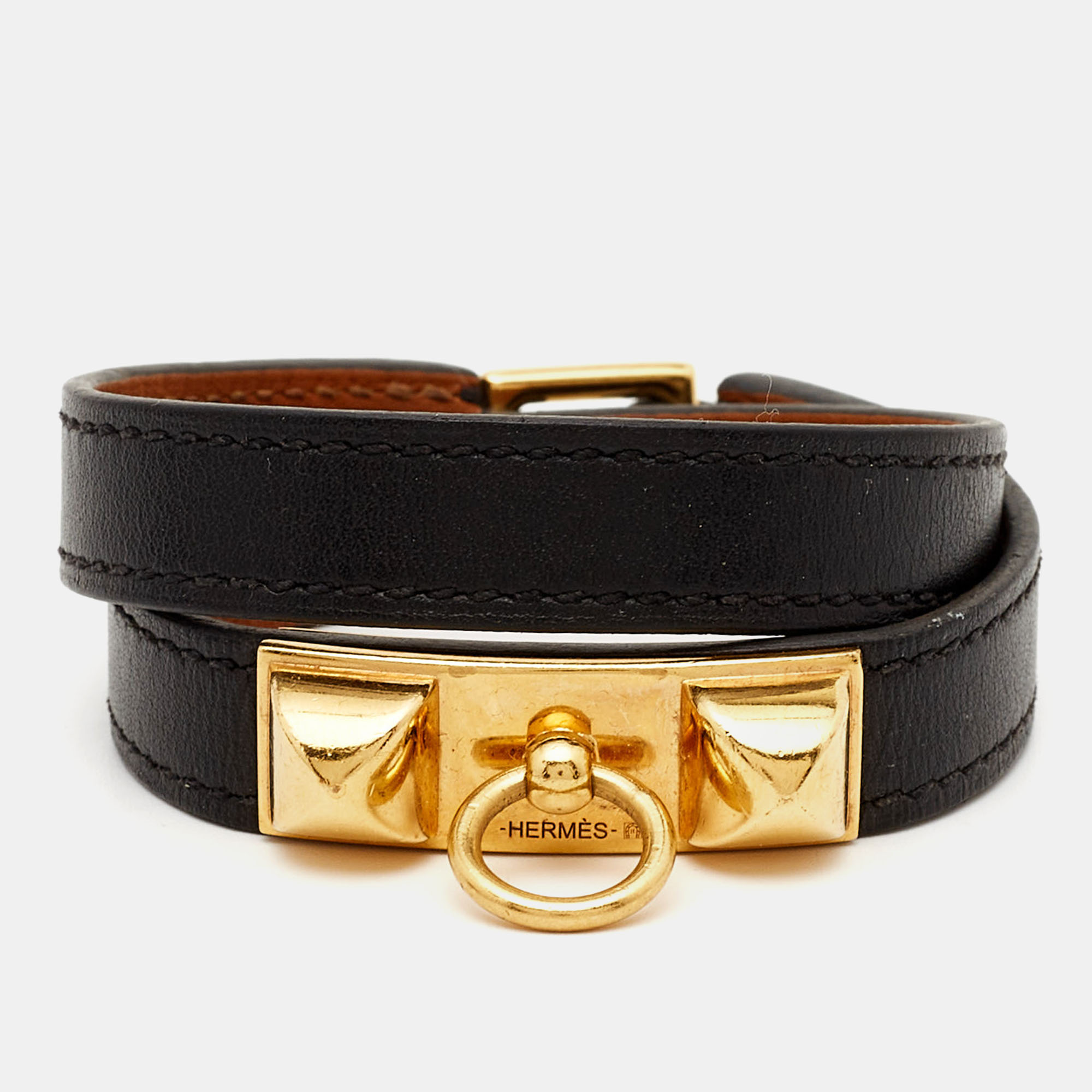 Pre-owned Hermes Rivale Black Leather Gold Plated Bracelet