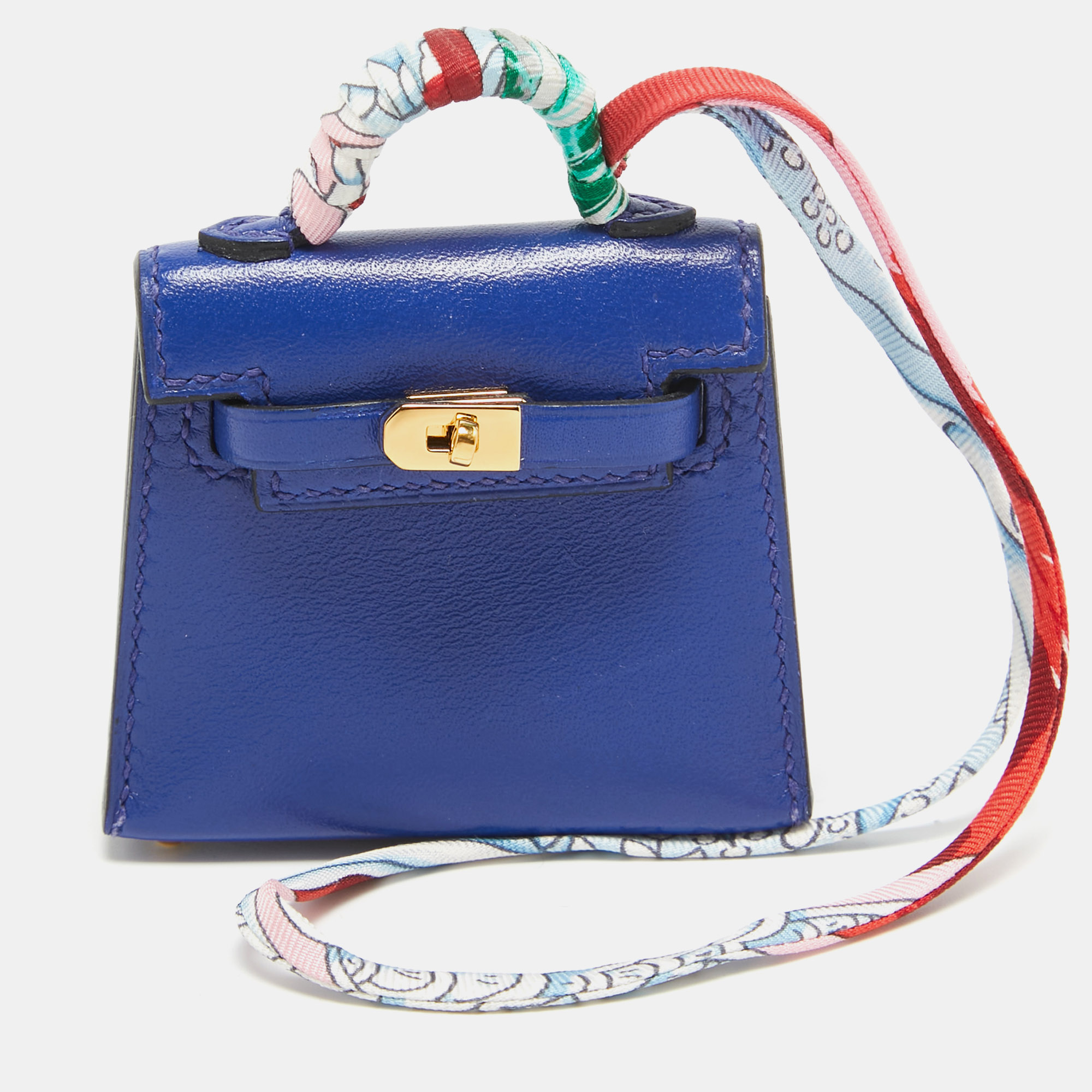 Pre-owned Hermes Bleu Electrique Tadelakt Leather Mini Kelly Twilly Bag Charm In Blue