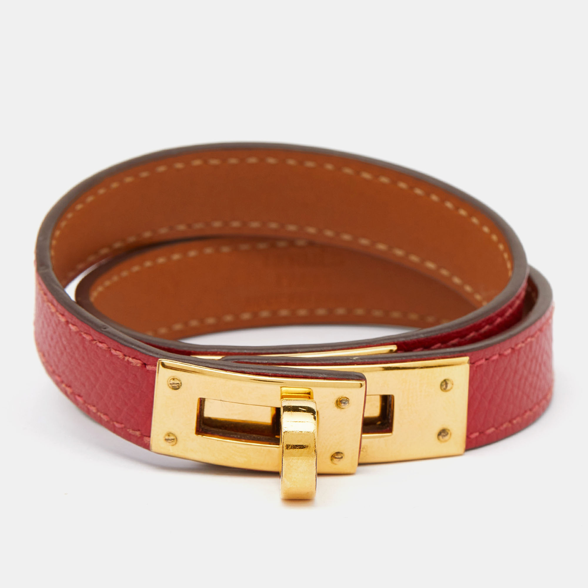 

Hermes Kelly Red Swift Leather Gold Plated Double Tour Bracelet