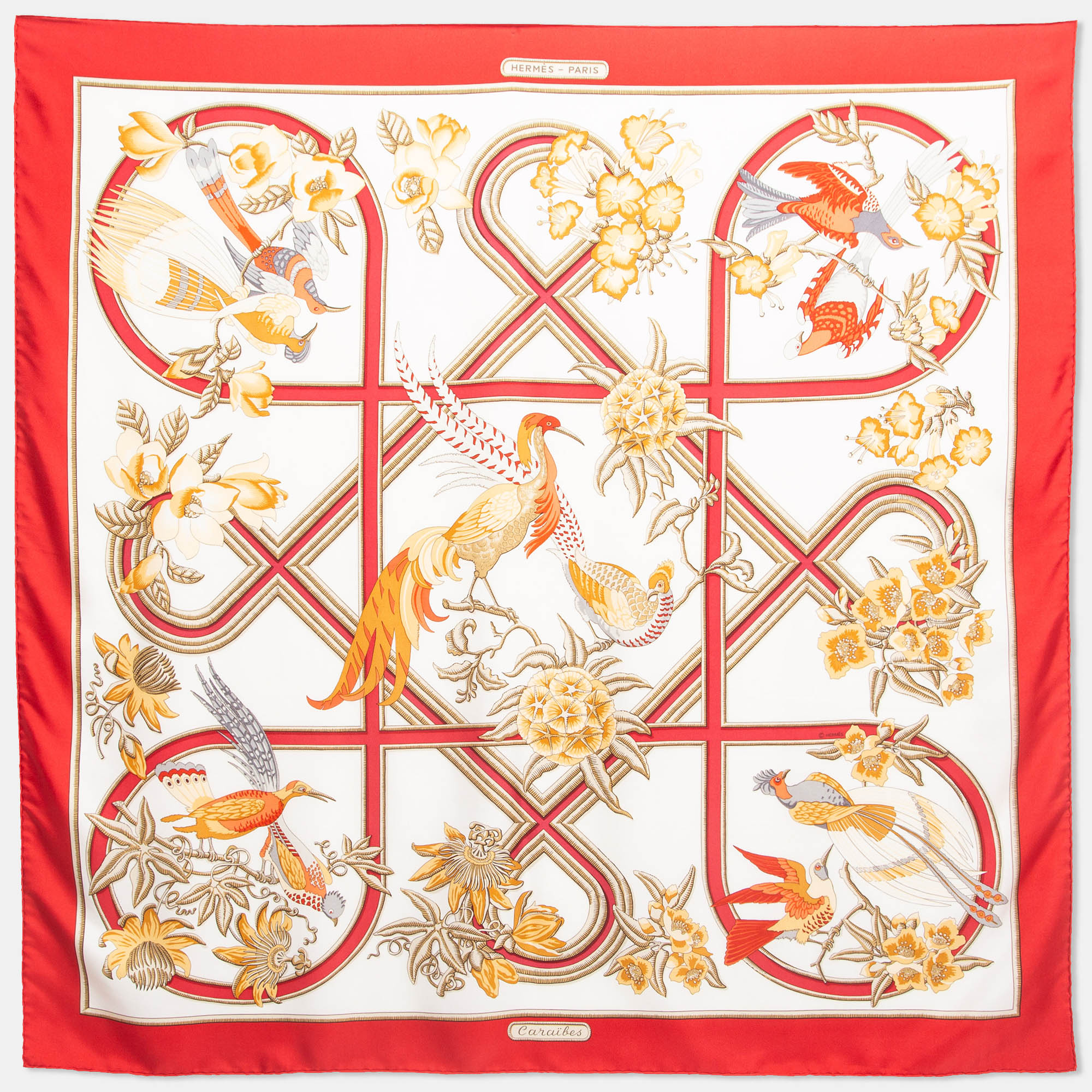 

Hermes Vintage White/Red Print Silk Caraibes Square Scarf, Cream
